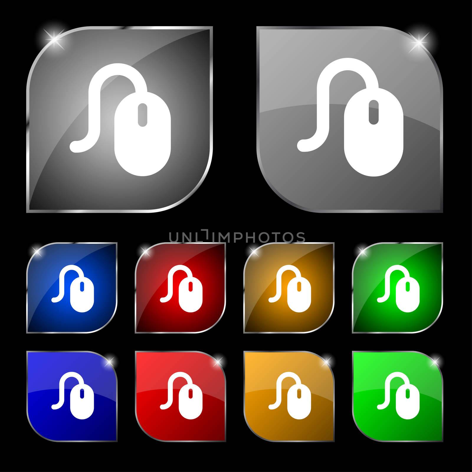 Computer mouse icon sign. Set of ten colorful buttons with glare. illustration