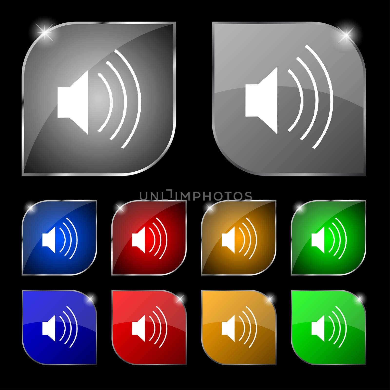 volume, sound icon sign. Set of ten colorful buttons with glare.  by serhii_lohvyniuk