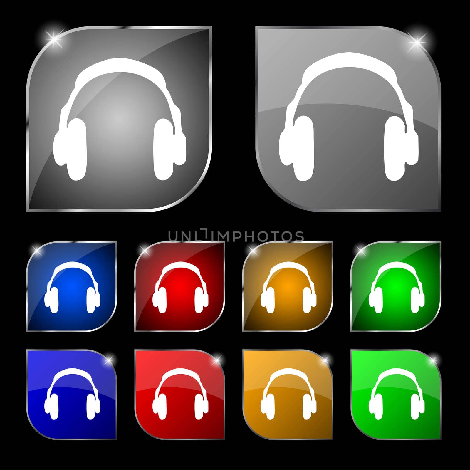 headsets icon sign. Set of ten colorful buttons with glare. illustration