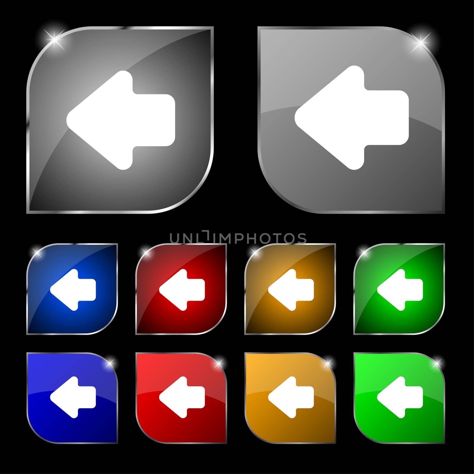 Arrow left, Way out icon sign. Set of ten colorful buttons with glare. illustration