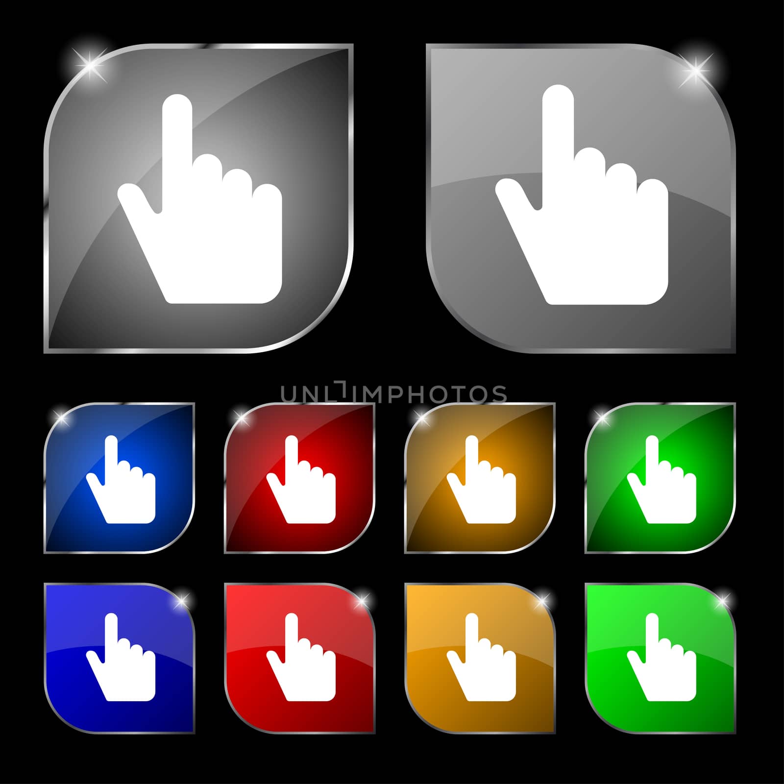 cursor icon sign. Set of ten colorful buttons with glare.  by serhii_lohvyniuk