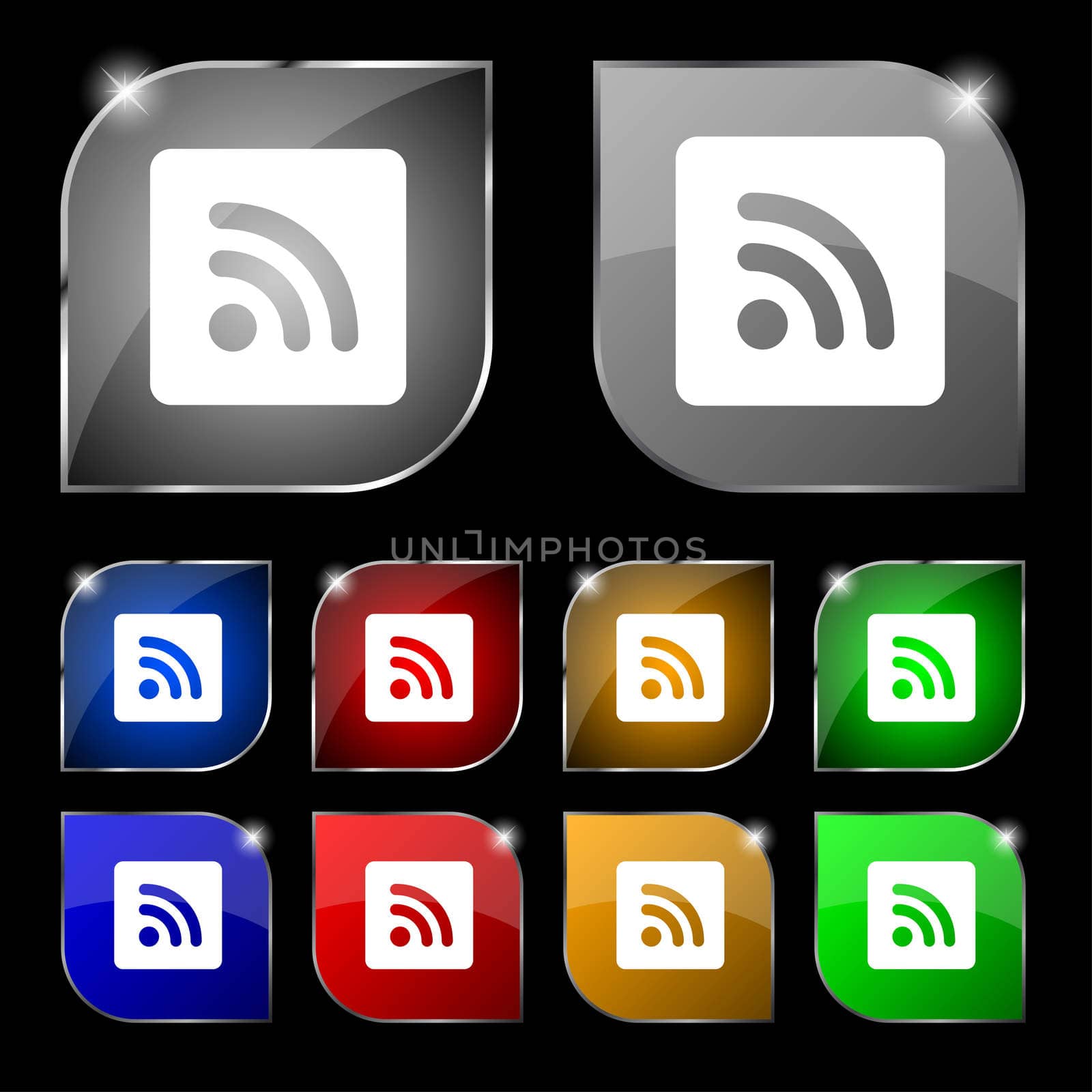 RSS feed icon sign. Set of ten colorful buttons with glare.  by serhii_lohvyniuk
