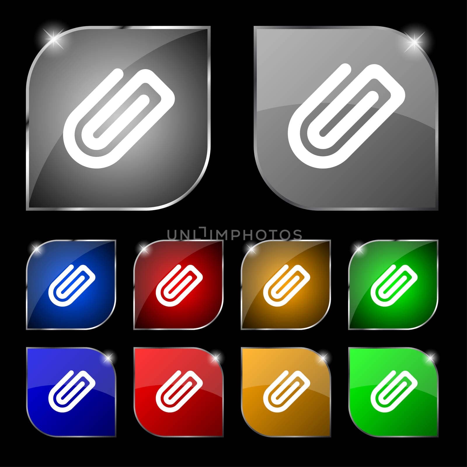 Paper Clip icon sign. Set of ten colorful buttons with glare. illustration