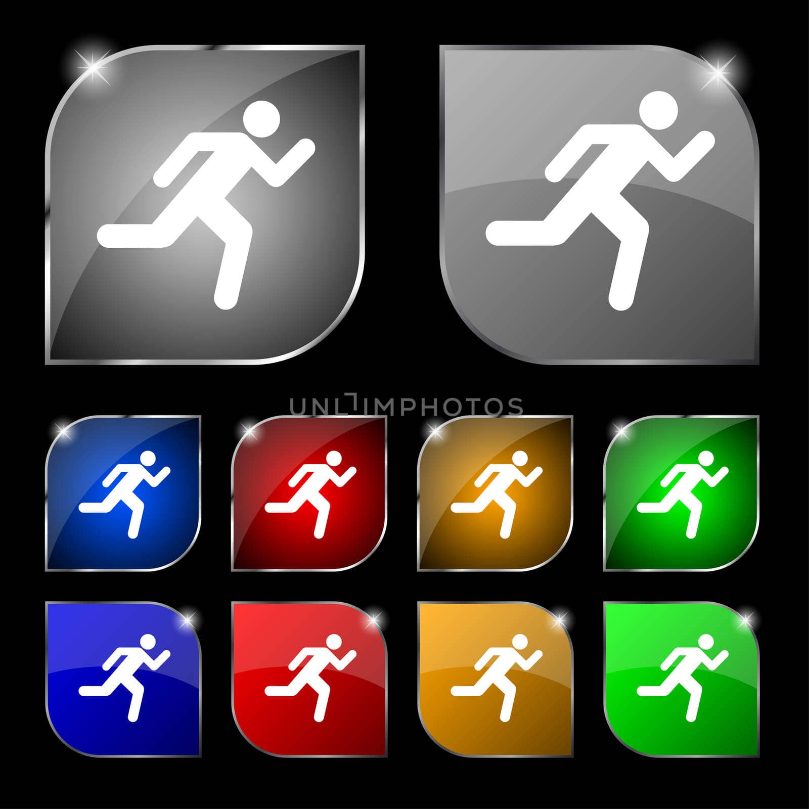 running man icon sign. Set of ten colorful buttons with glare.  by serhii_lohvyniuk