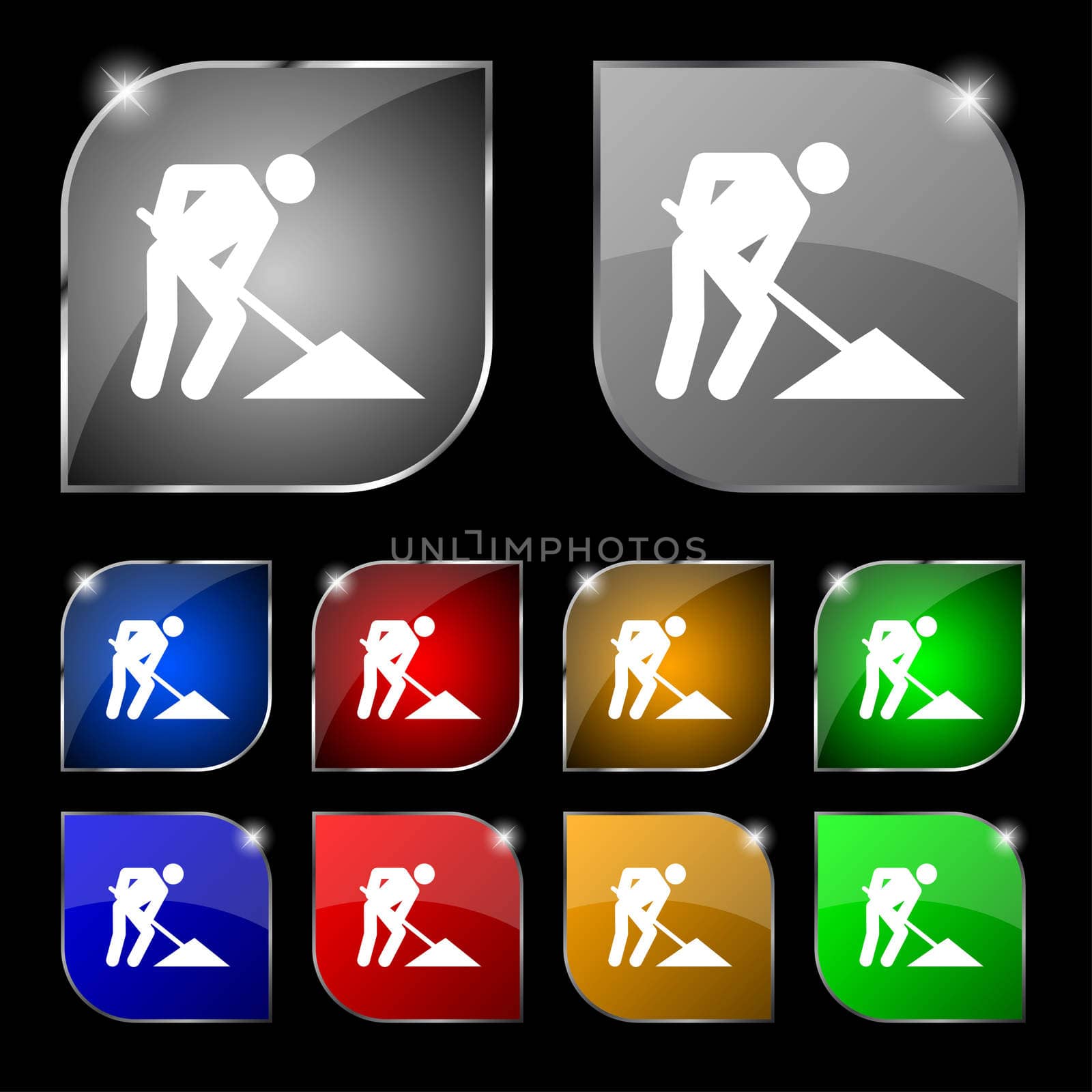 repair of road, construction work icon sign. Set of ten colorful buttons with glare. illustration