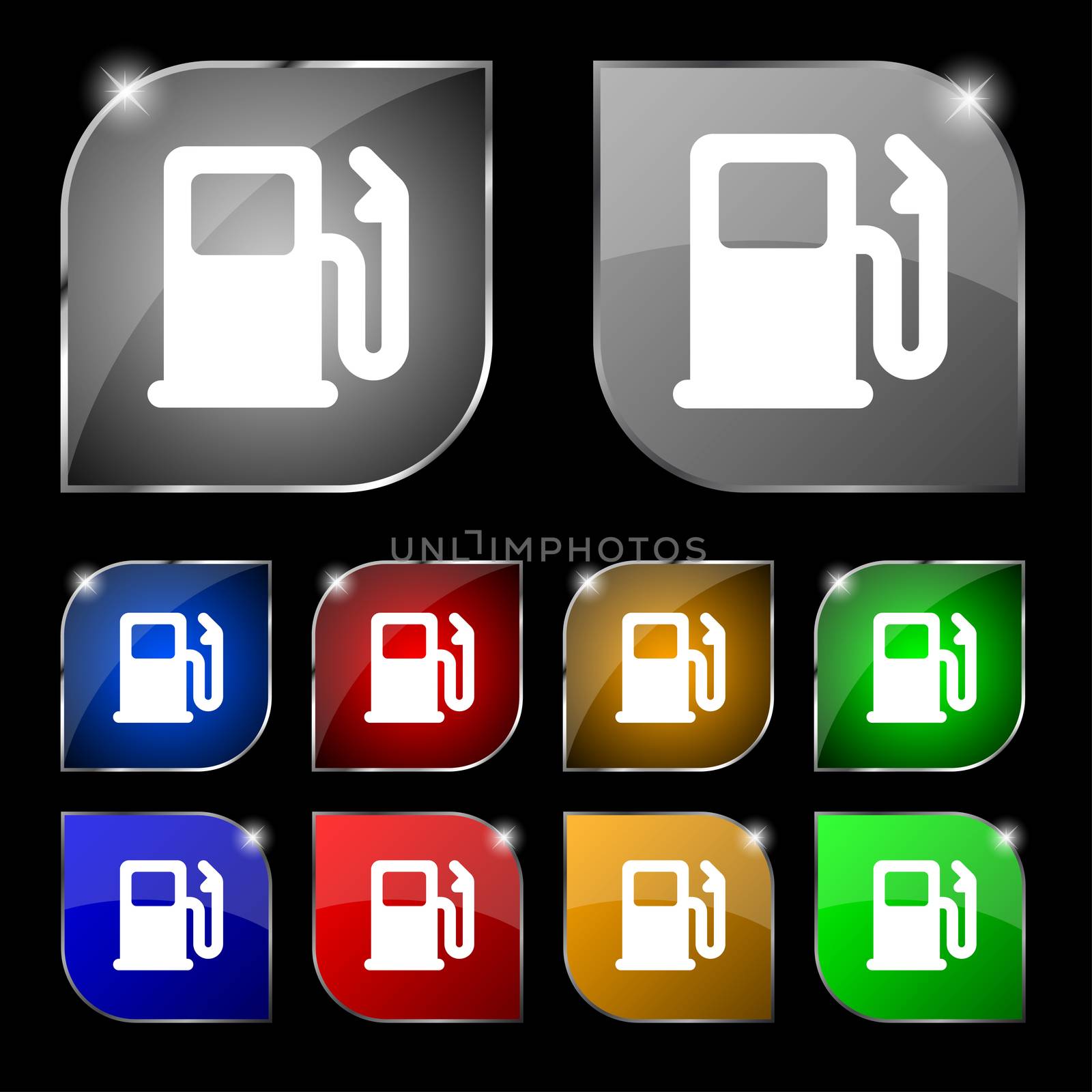 Petrol or Gas station, Car fuel icon sign. Set of ten colorful buttons with glare.  by serhii_lohvyniuk