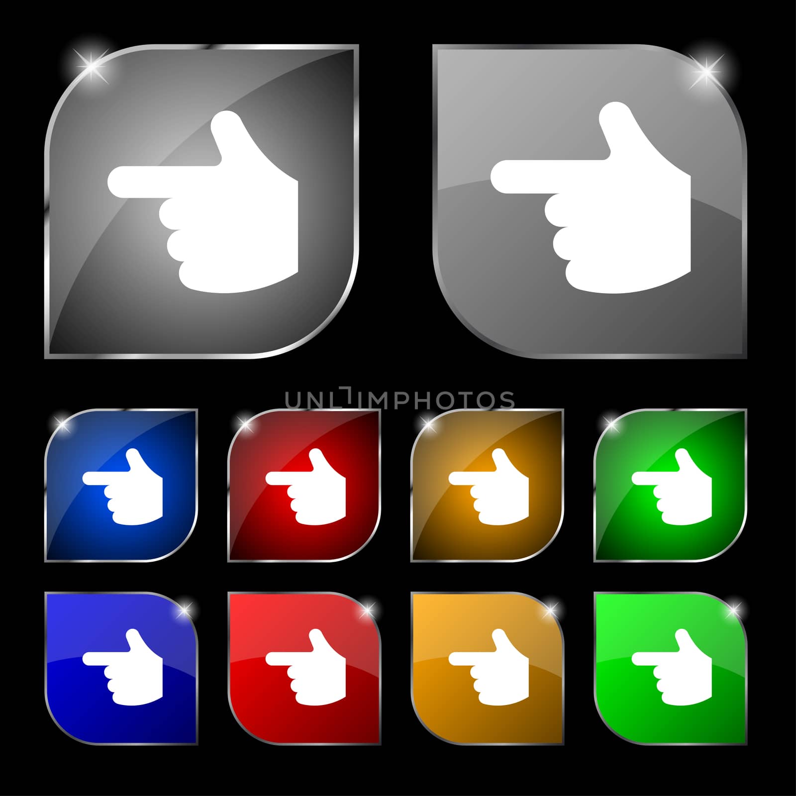 pointing hand icon sign. Set of ten colorful buttons with glare. illustration