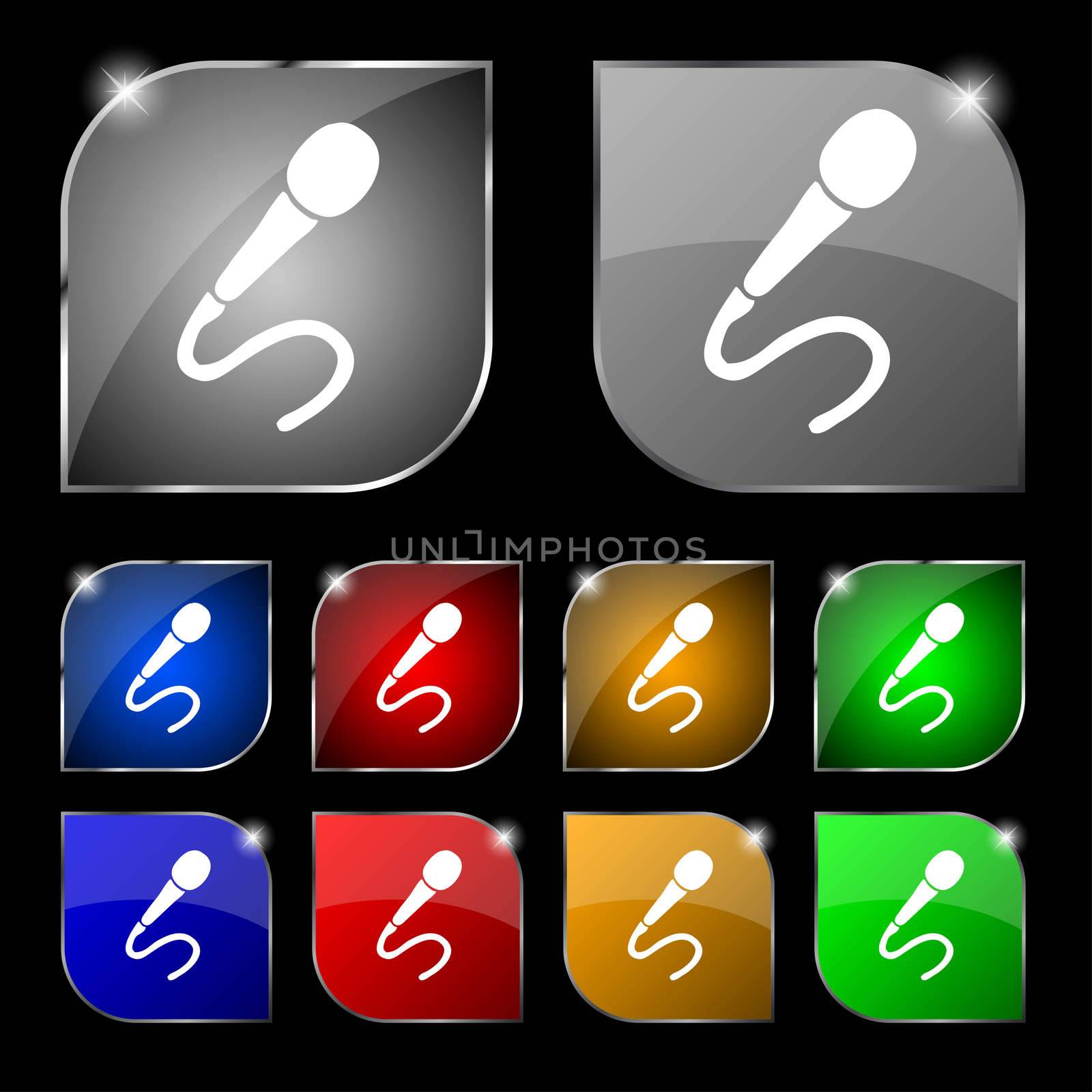 microphone icon sign. Set of ten colorful buttons with glare. illustration