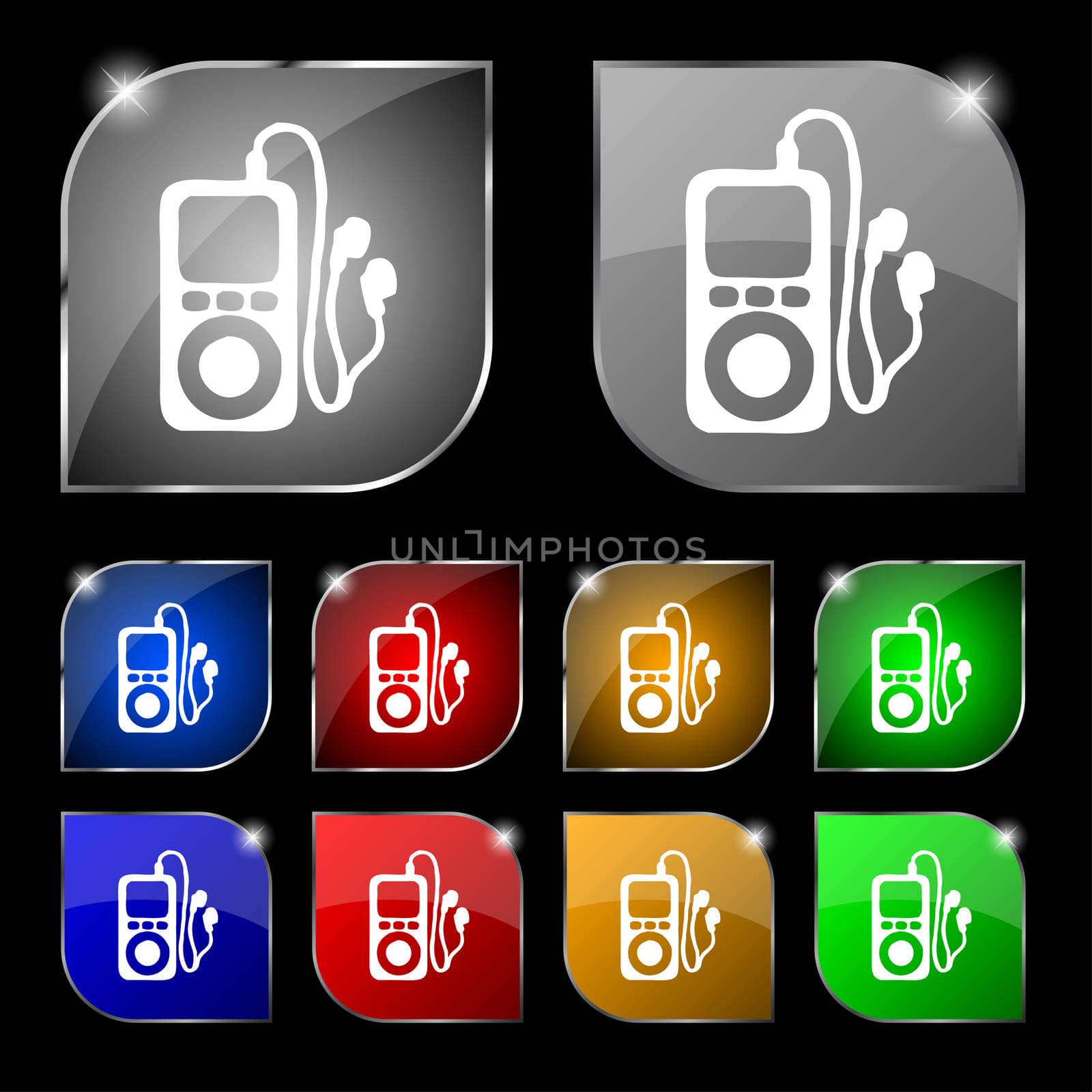MP3 player, headphones, music icon sign. Set of ten colorful buttons with glare.  by serhii_lohvyniuk