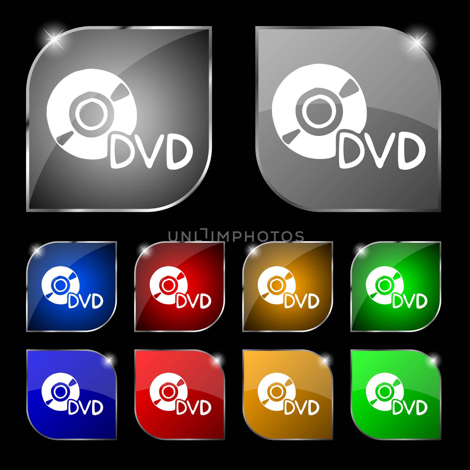 dvd icon sign. Set of ten colorful buttons with glare. illustration