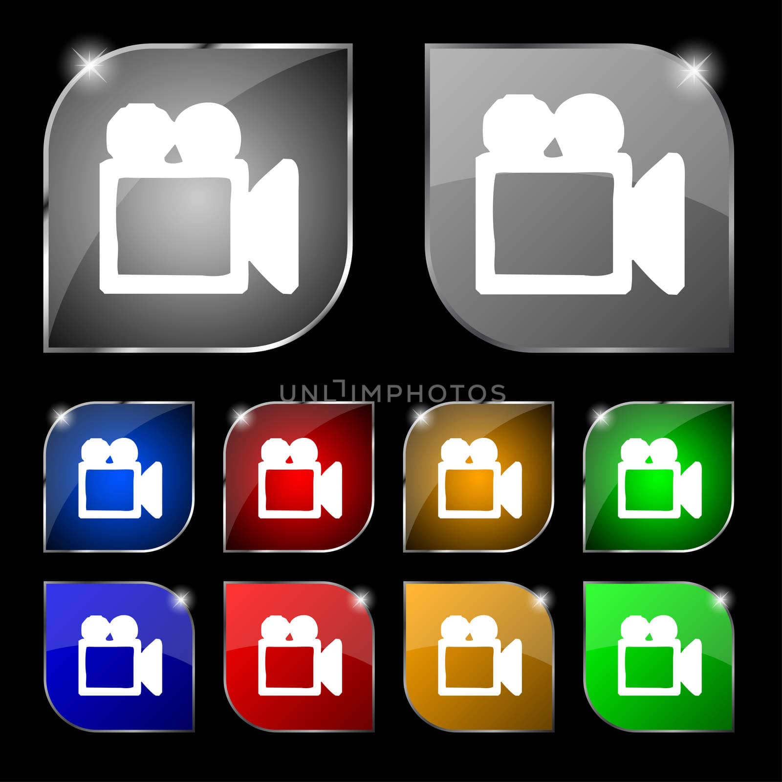 camcorder icon sign. Set of ten colorful buttons with glare.  by serhii_lohvyniuk
