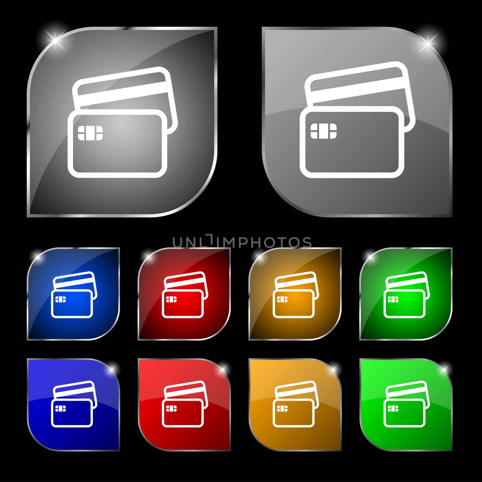 Credit card icon sign. Set of ten colorful buttons with glare. illustration