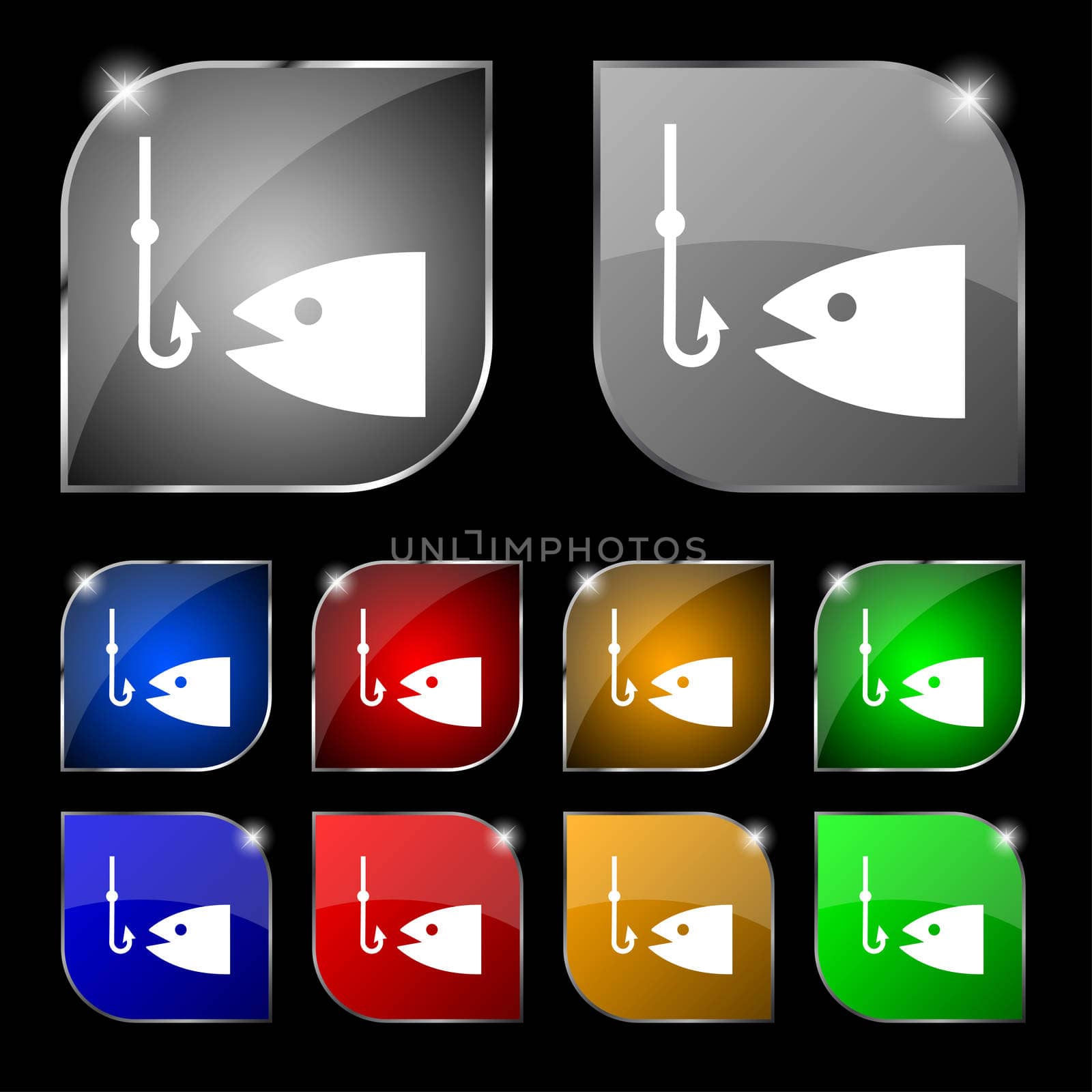 Fishing icon sign. Set of ten colorful buttons with glare.  by serhii_lohvyniuk