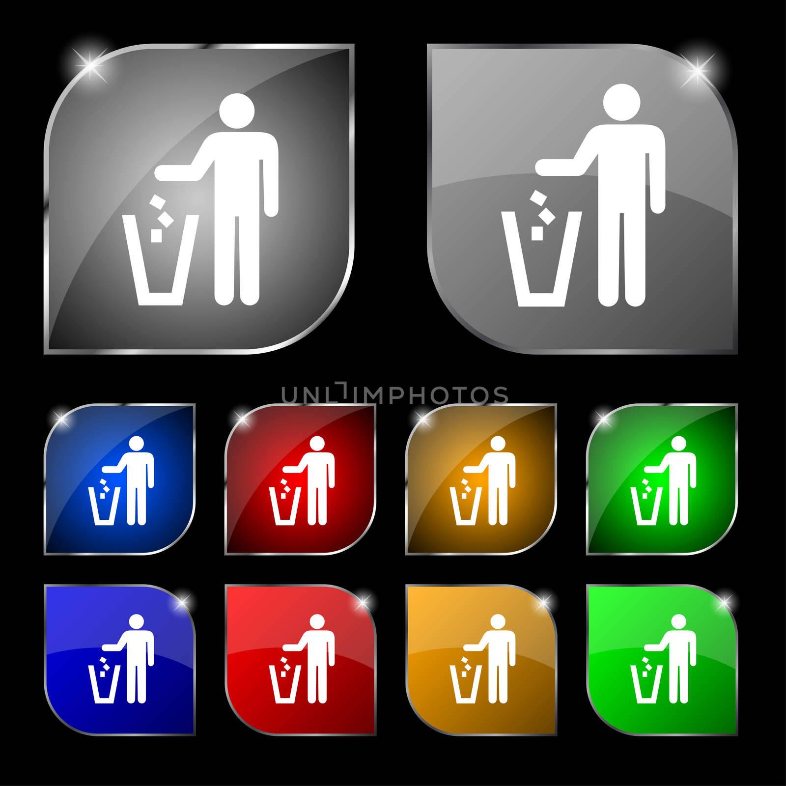 throw away the trash icon sign. Set of ten colorful buttons with glare. illustration