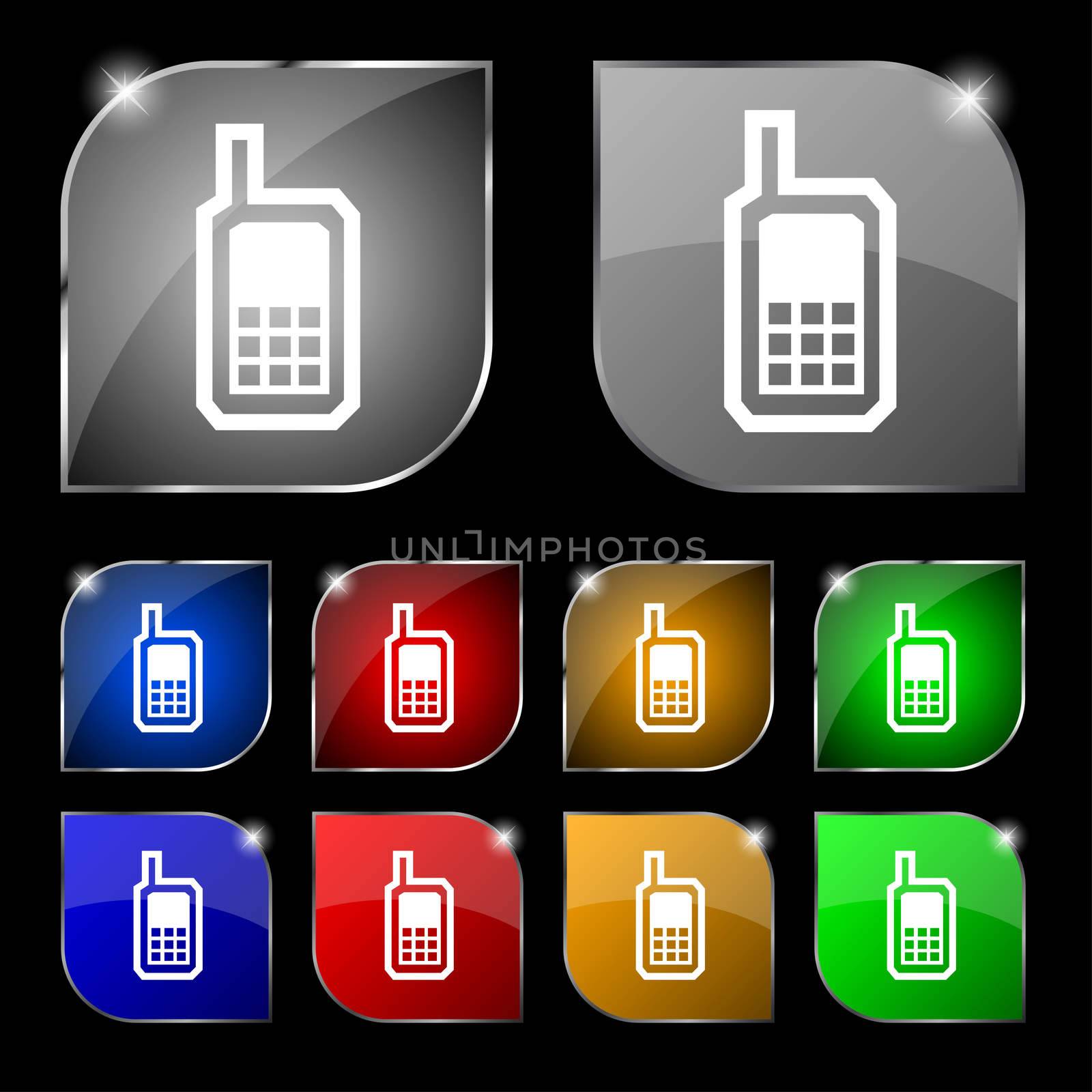 Mobile phone icon sign. Set of ten colorful buttons with glare. illustration