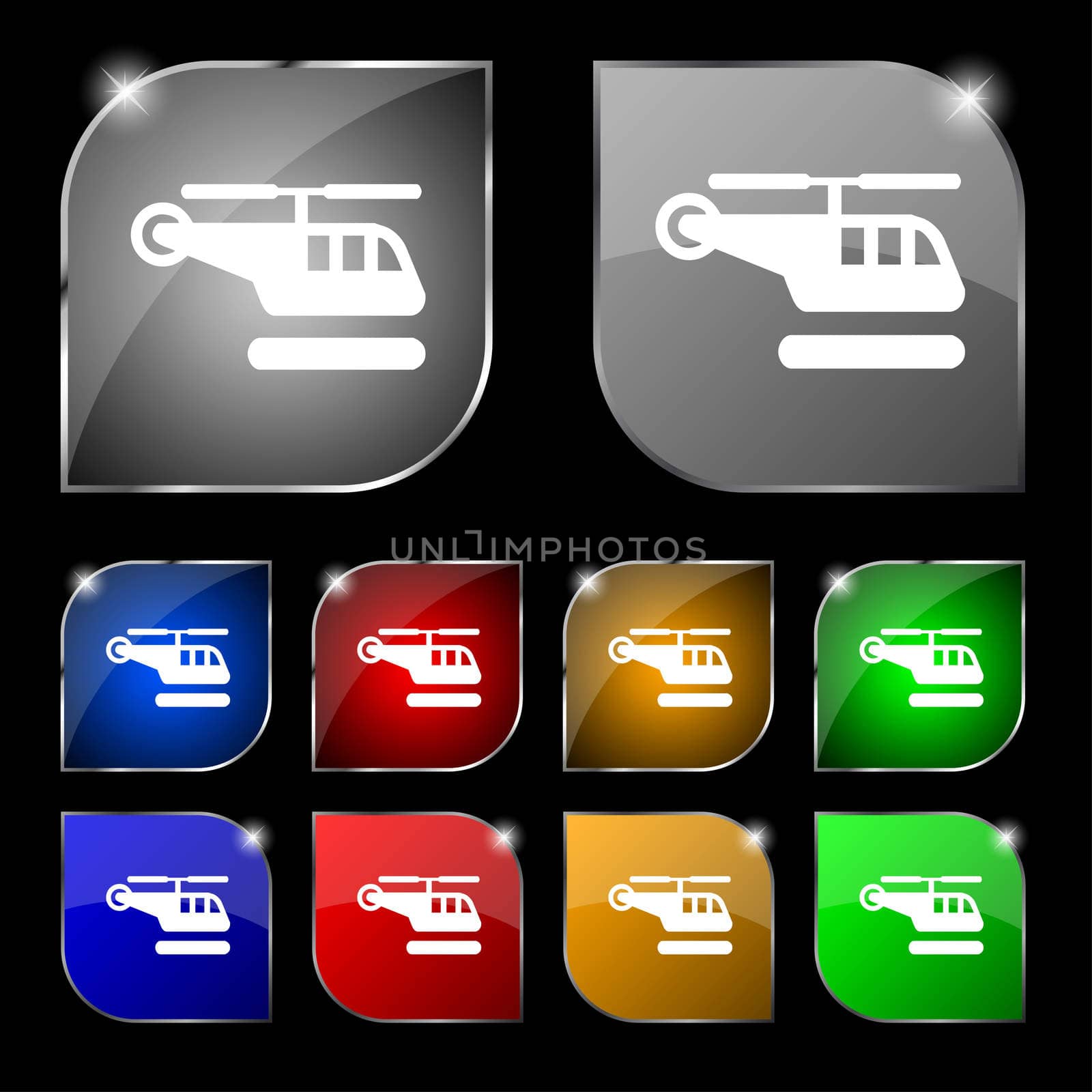 helicopter icon sign. Set of ten colorful buttons with glare. illustration