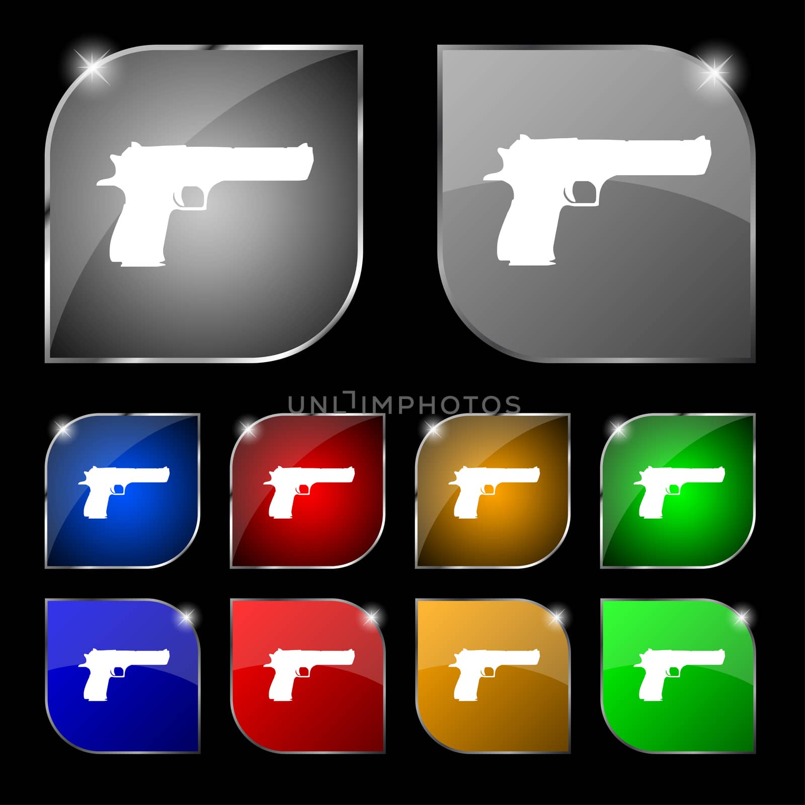 gun icon sign. Set of ten colorful buttons with glare.  by serhii_lohvyniuk