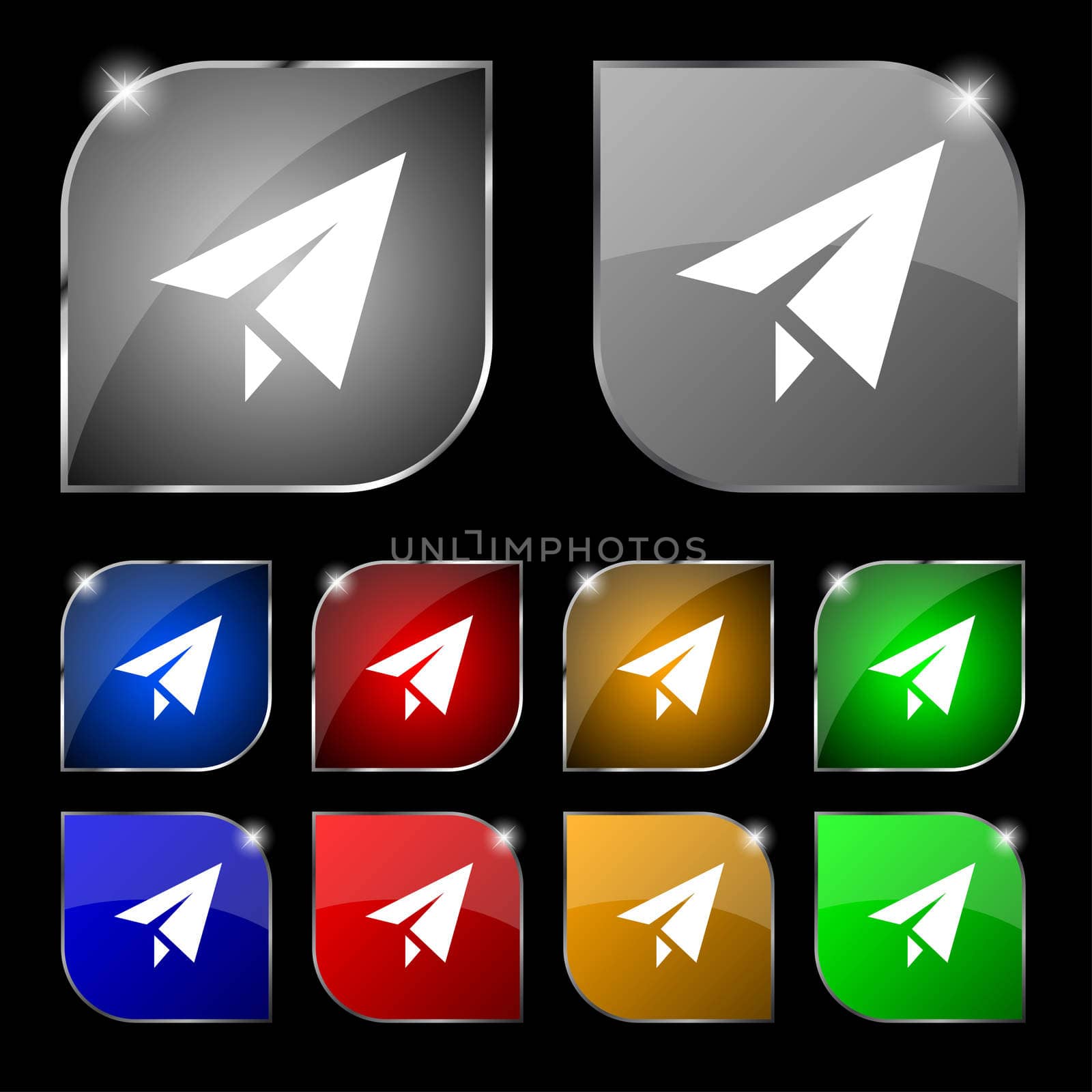 Paper airplane icon sign. Set of ten colorful buttons with glare. illustration