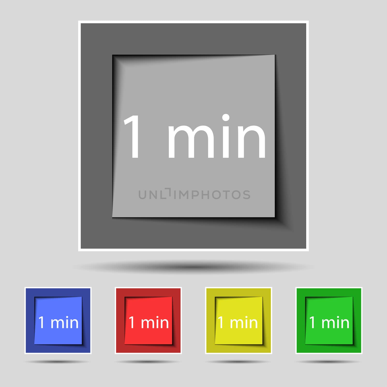 1 minutes sign icon. Set of colored buttons. illustration