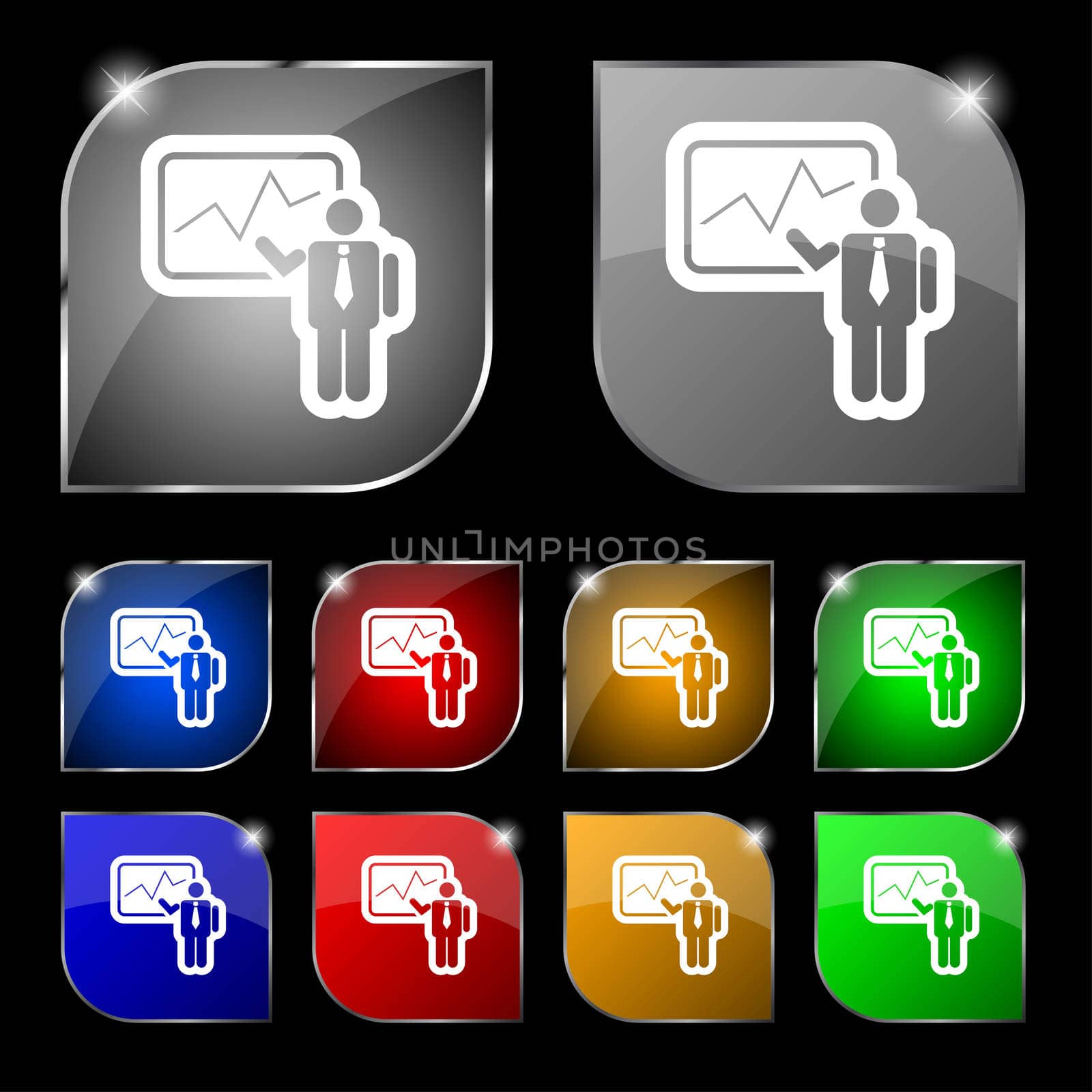 businessman making report icon sign. Set of ten colorful buttons with glare. illustration