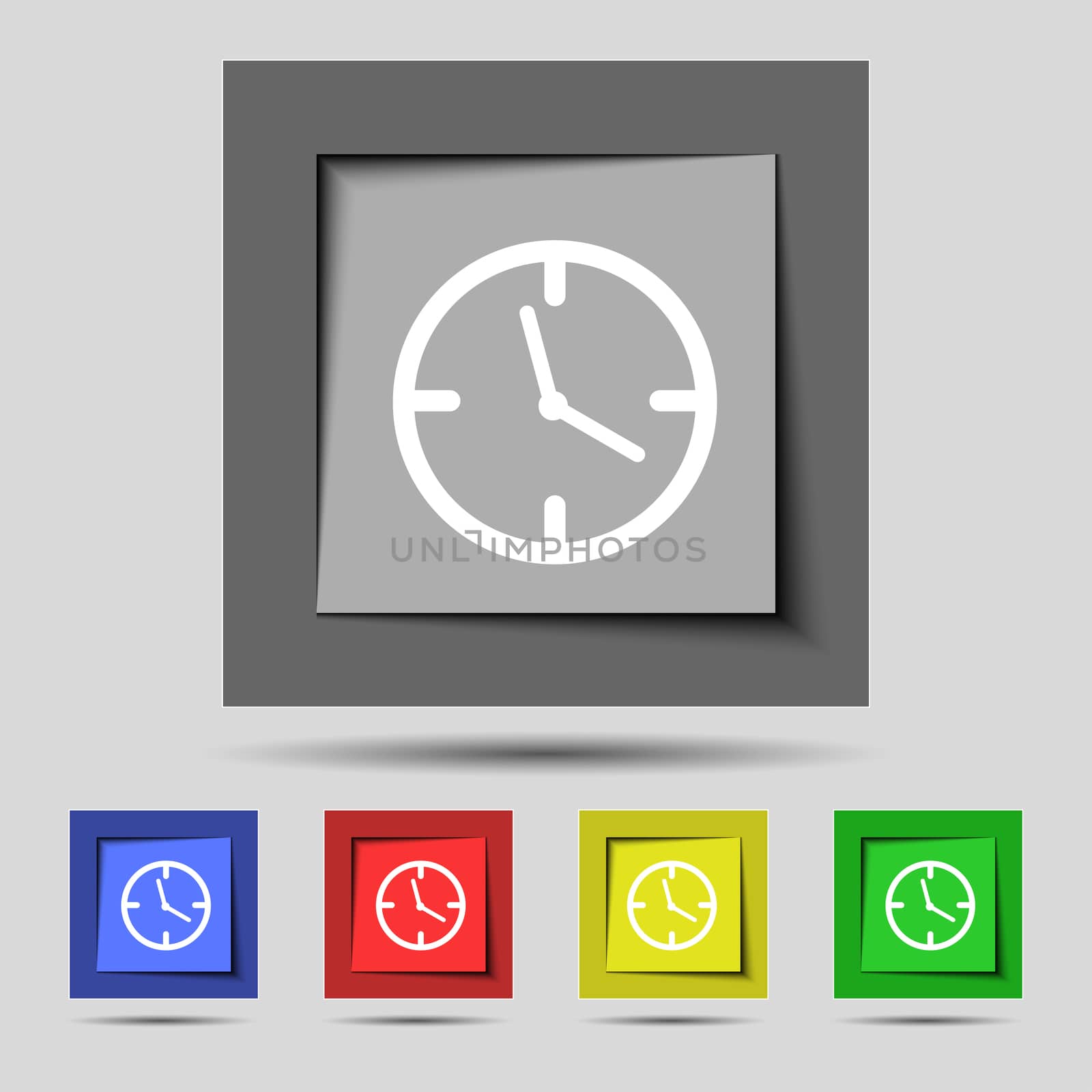 Clock time sign icon. Mechanical watch symbol. Set of colourful buttons.  by serhii_lohvyniuk