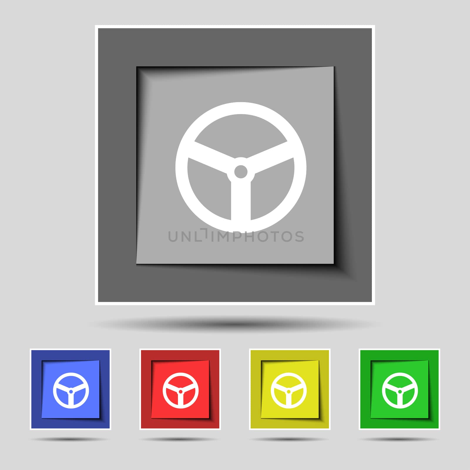 Steering wheel icon sign on the original five colored buttons. illustration