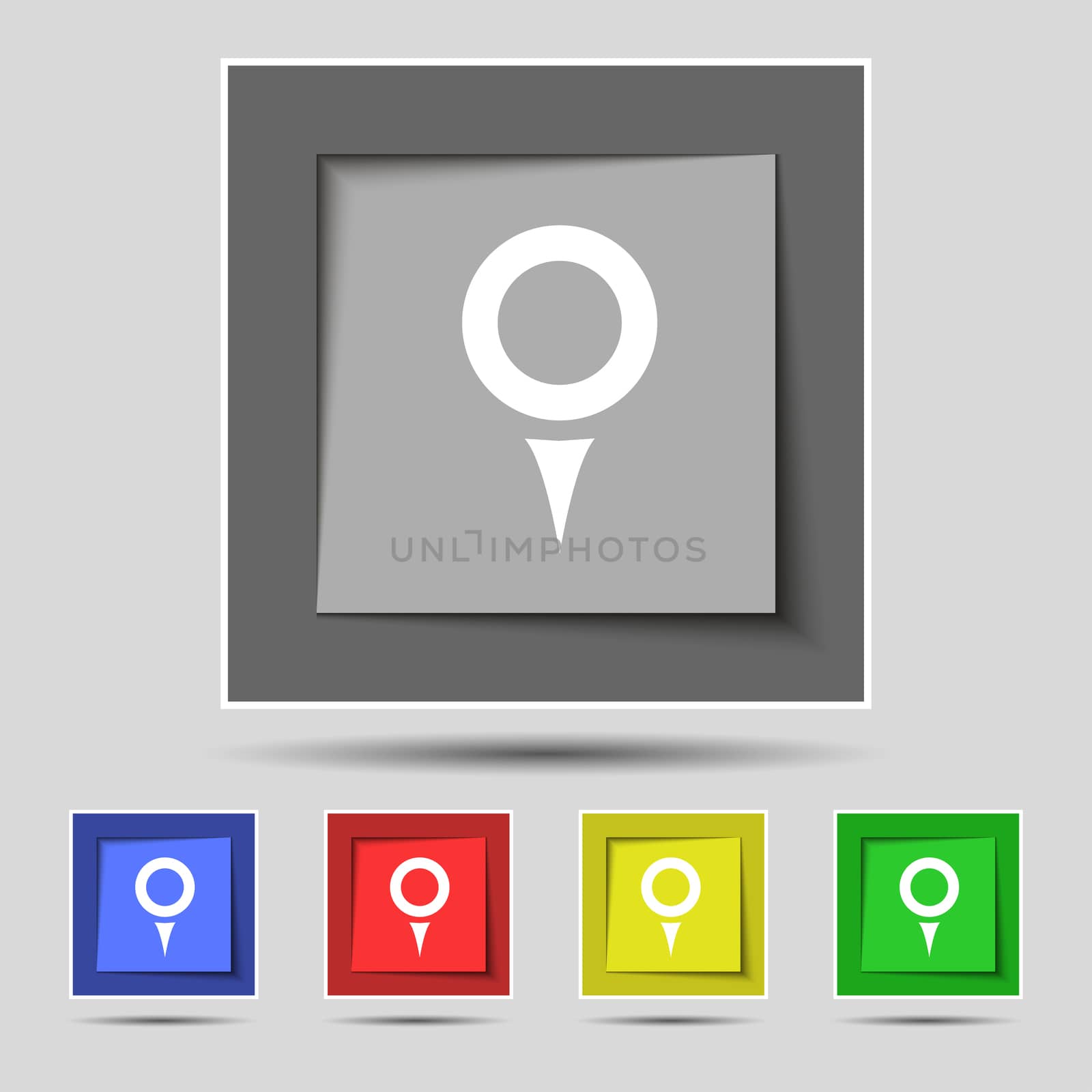 Map pointer, GPS location icon sign on the original five colored buttons.  by serhii_lohvyniuk