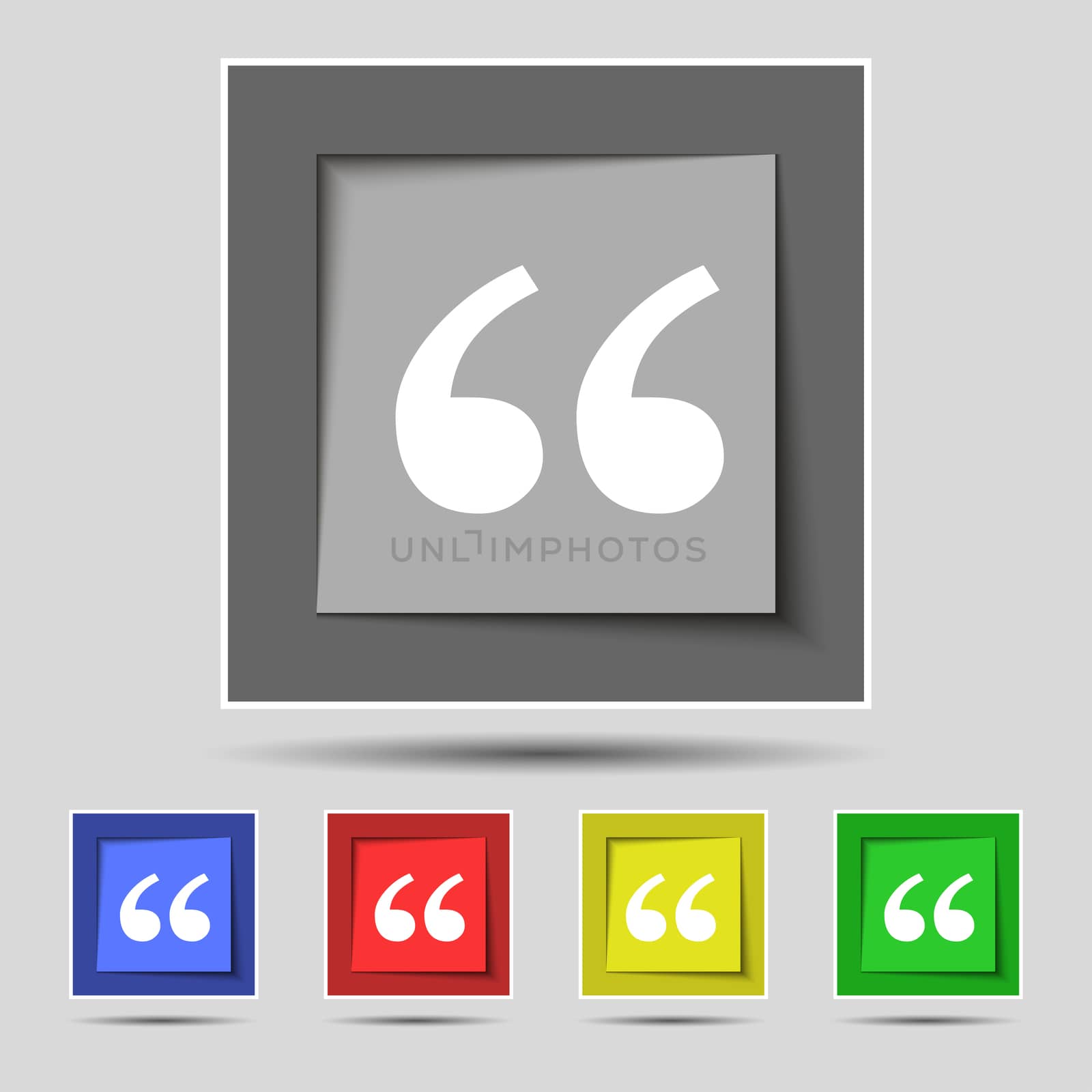 Double quotes at the beginning of words icon sign on the original five colored buttons.  by serhii_lohvyniuk