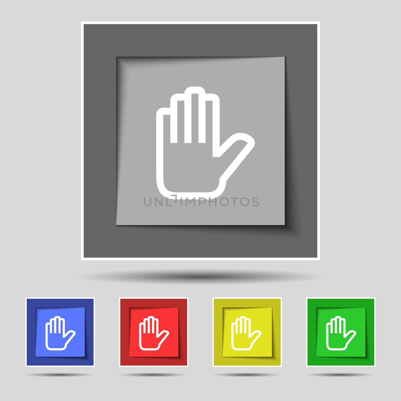 Hand print, Stop icon sign on the original five colored buttons.  by serhii_lohvyniuk