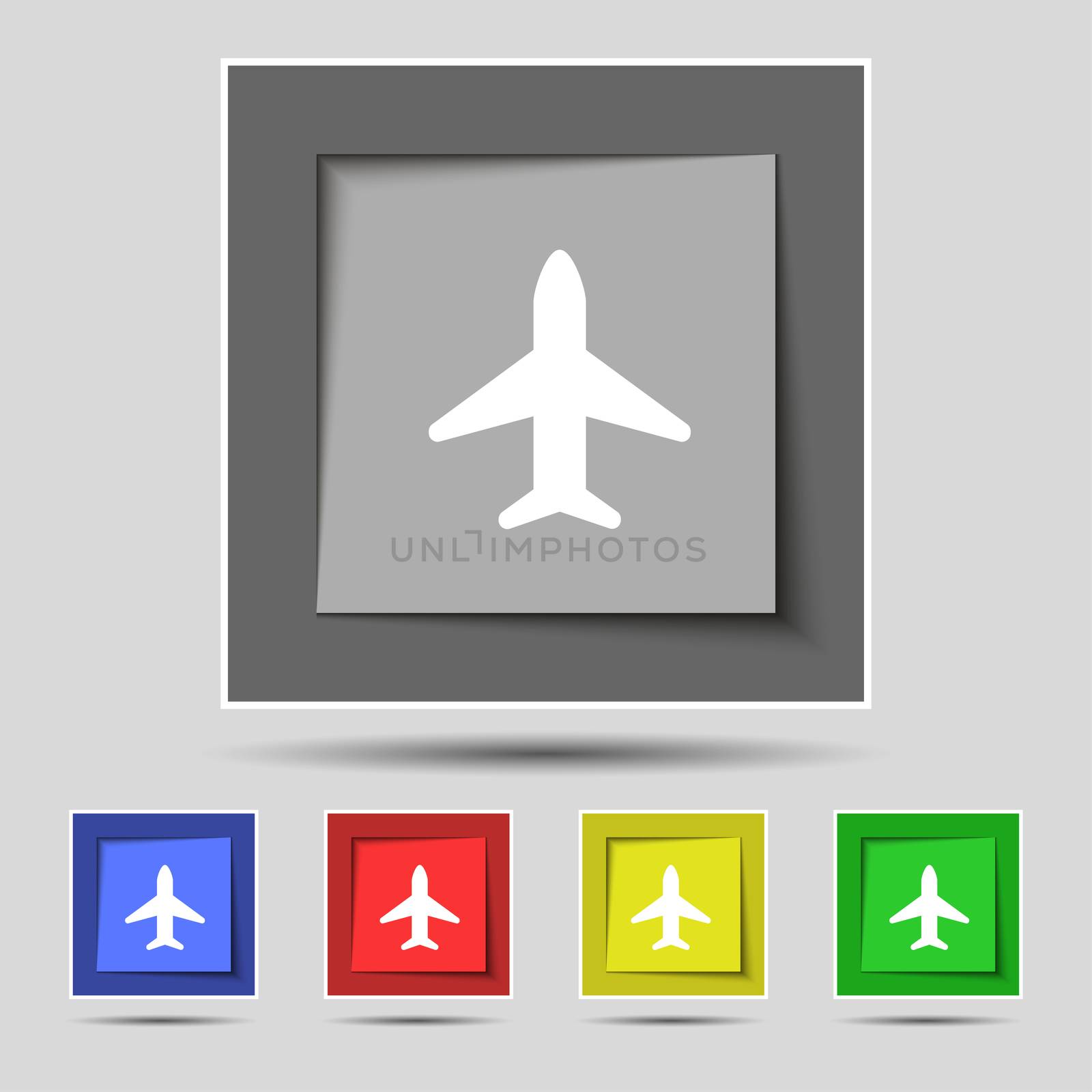 Airplane, Plane, Travel, Flight icon sign on the original five colored buttons.  by serhii_lohvyniuk