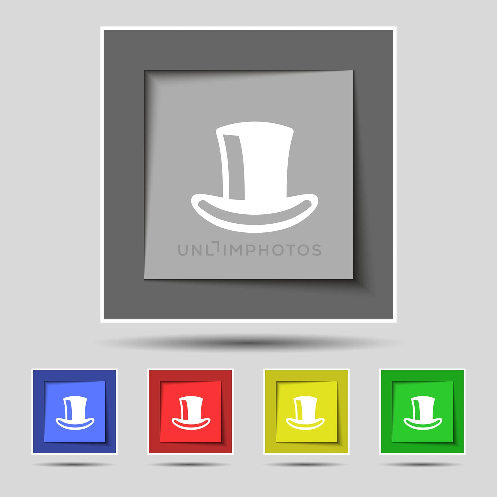 cylinder hat icon sign on the original five colored buttons.  by serhii_lohvyniuk