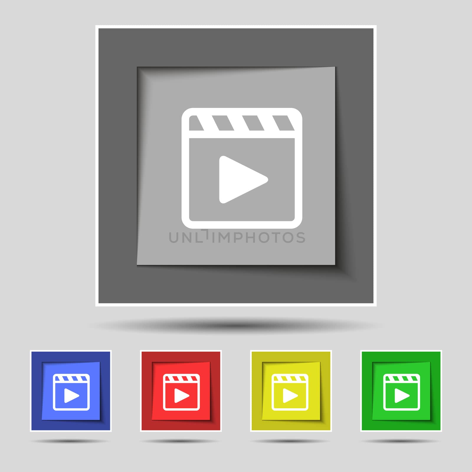 Play video icon sign on the original five colored buttons.  by serhii_lohvyniuk