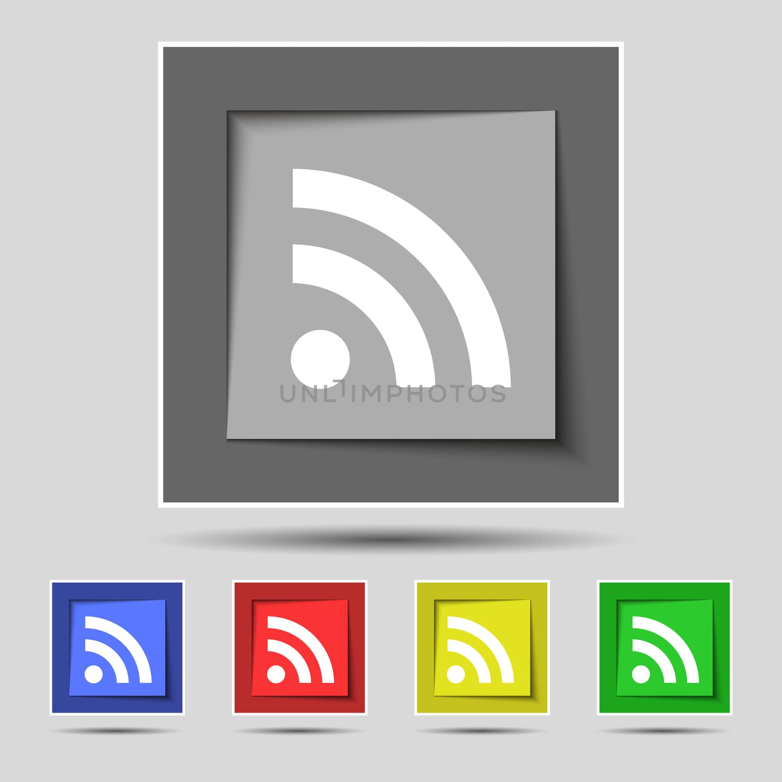 RSS feed icon sign on the original five colored buttons.  by serhii_lohvyniuk