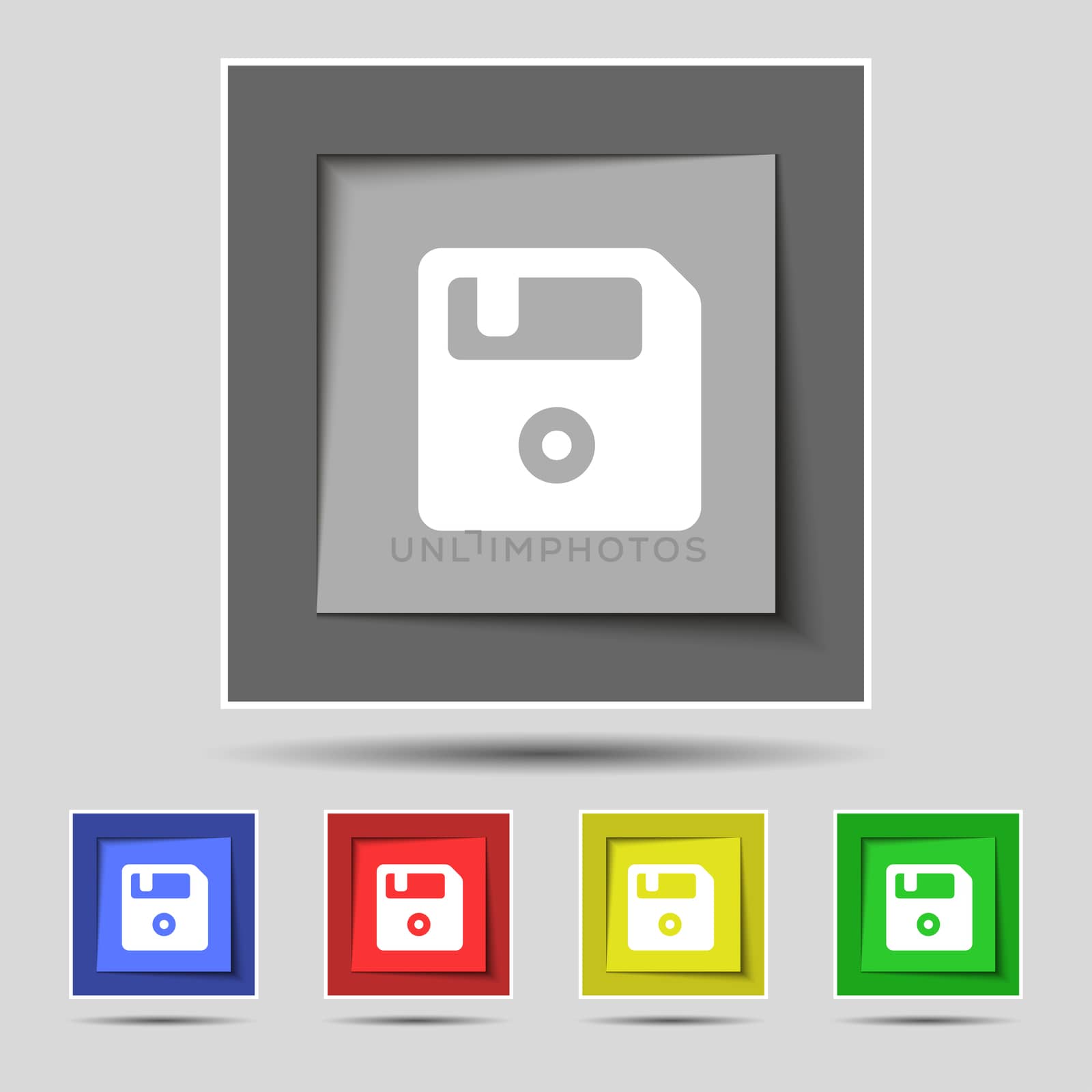 floppy icon sign on the original five colored buttons. illustration