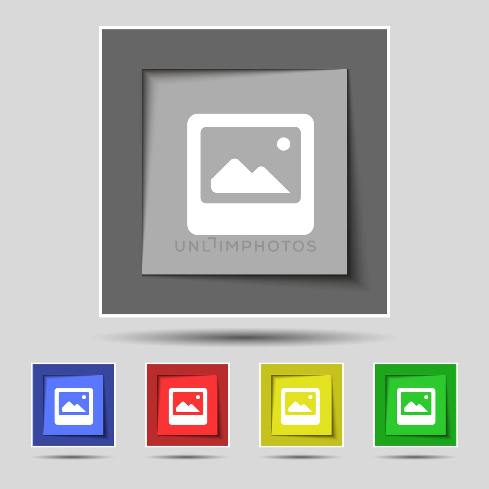 Photo frame template icon sign on the original five colored buttons. illustration