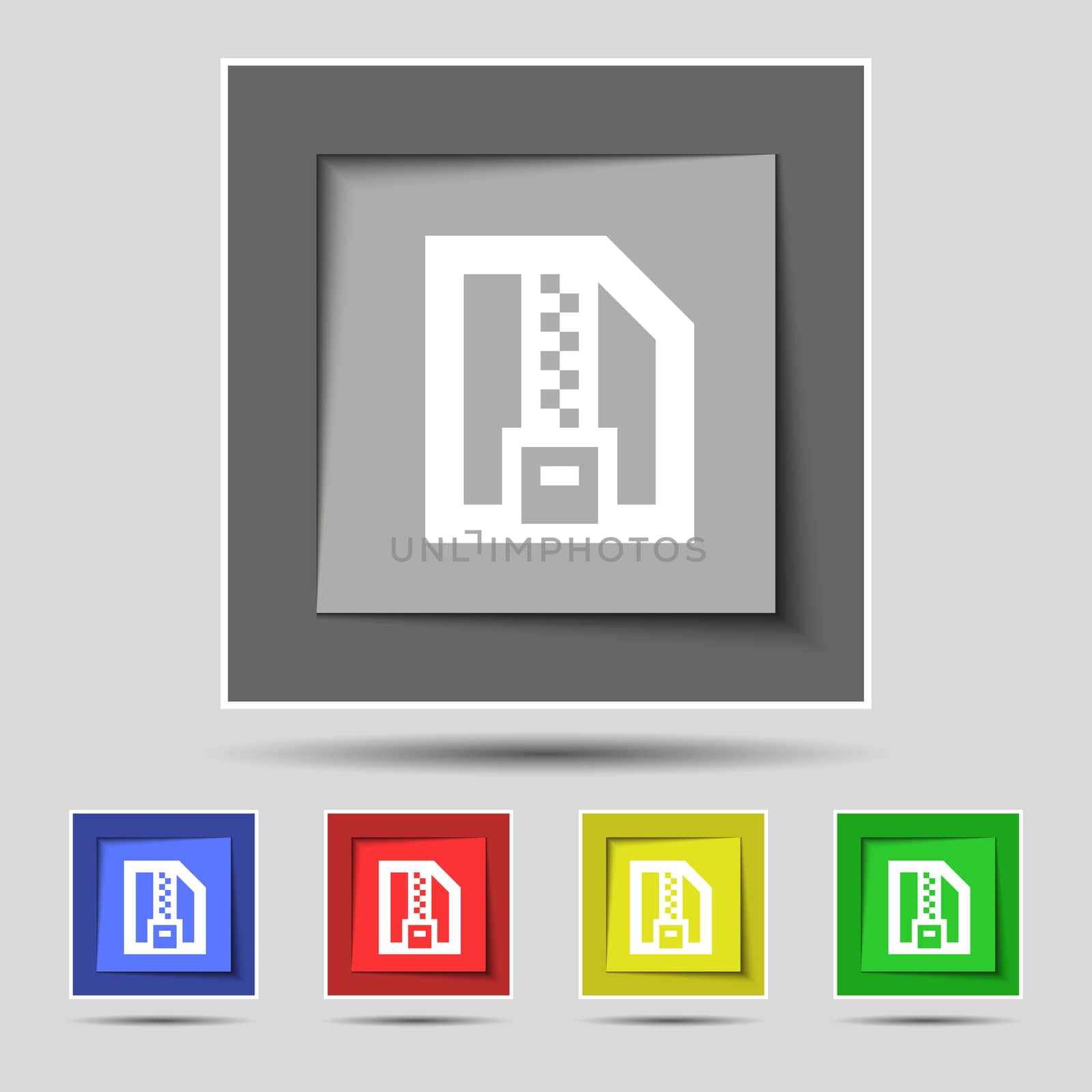Archive file, Download compressed, ZIP zipped icon sign on the original five colored buttons. illustration