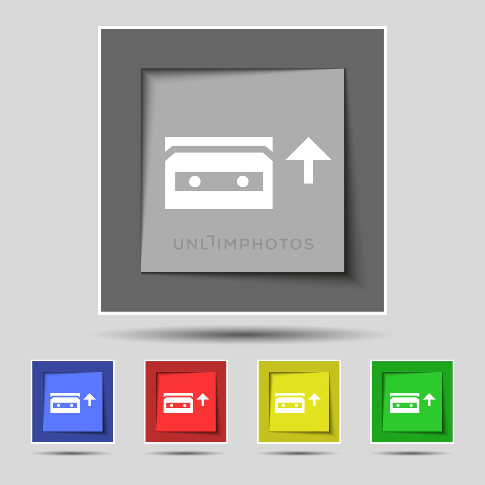 audio cassette icon sign on original five colored buttons. illustration