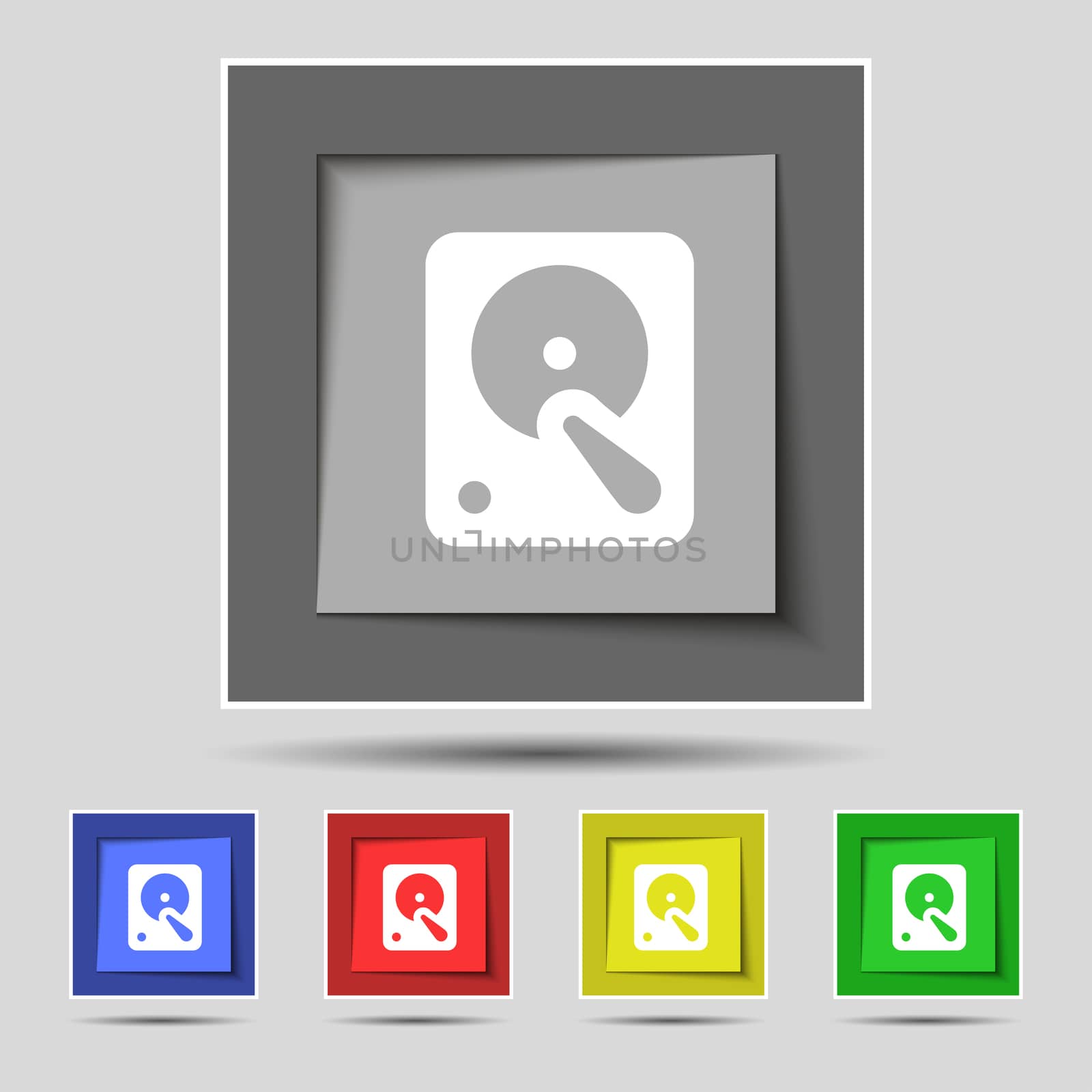 hard disk icon sign on original five colored buttons. illustration