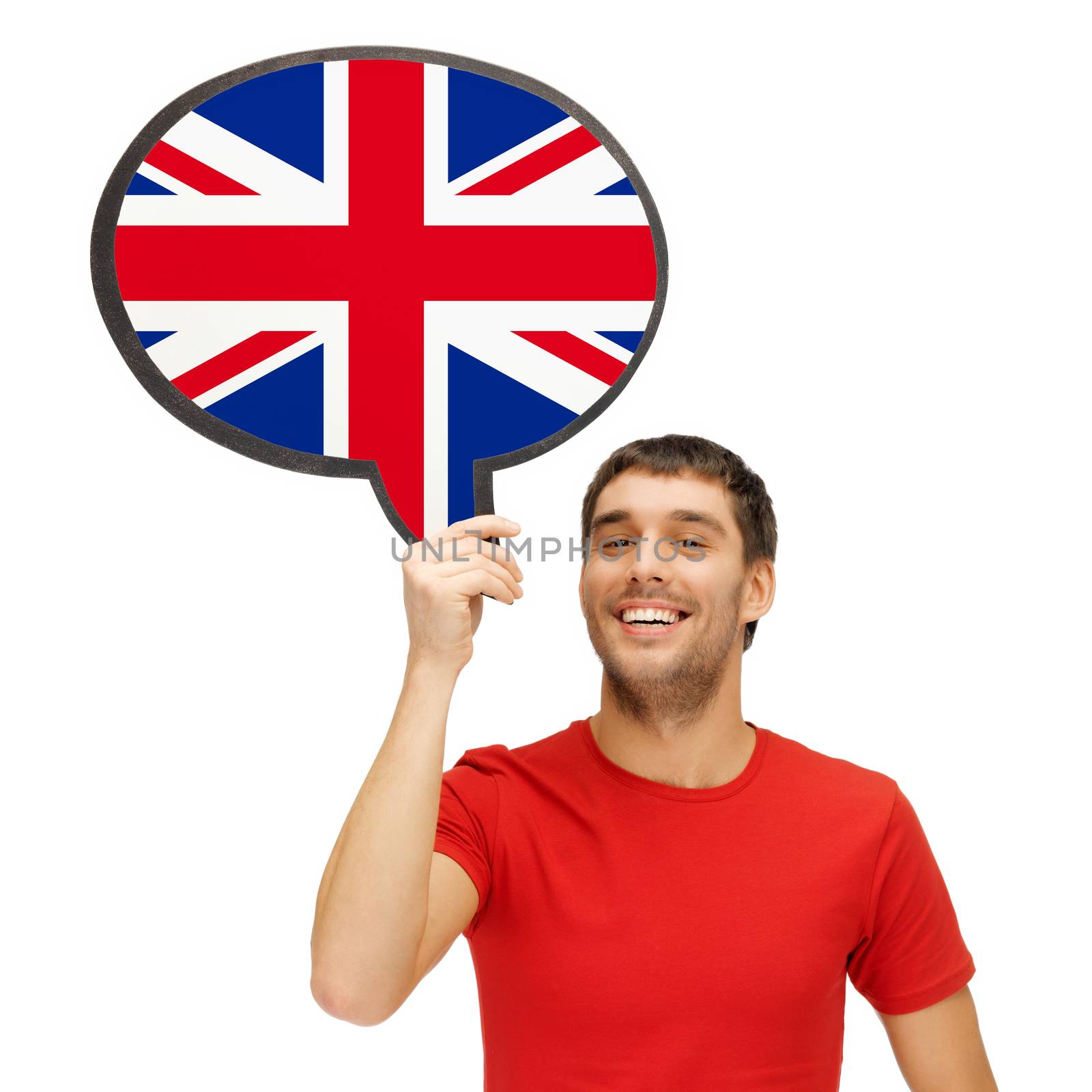 education, foreign language, english, people and communication concept - smiling young man holding text bubble of british flag