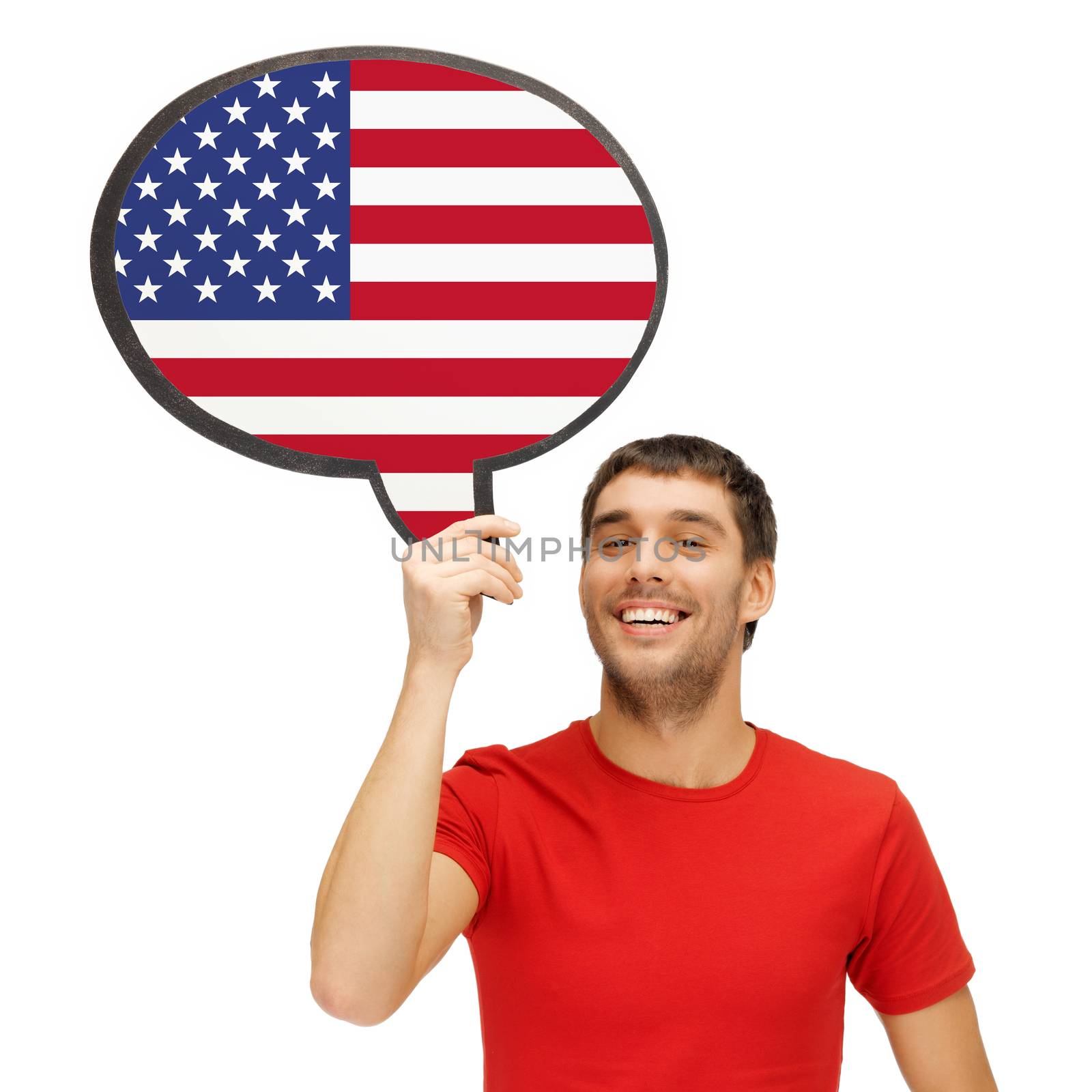 smiling man with text bubble of american flag by dolgachov