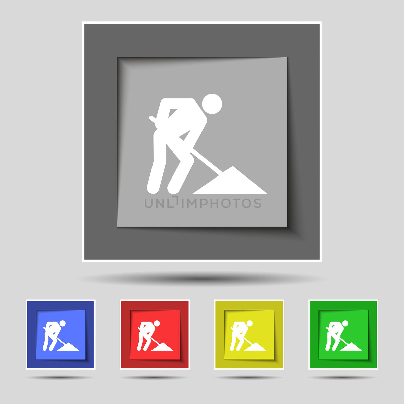 repair of road, construction work icon sign on original five colored buttons.  by serhii_lohvyniuk