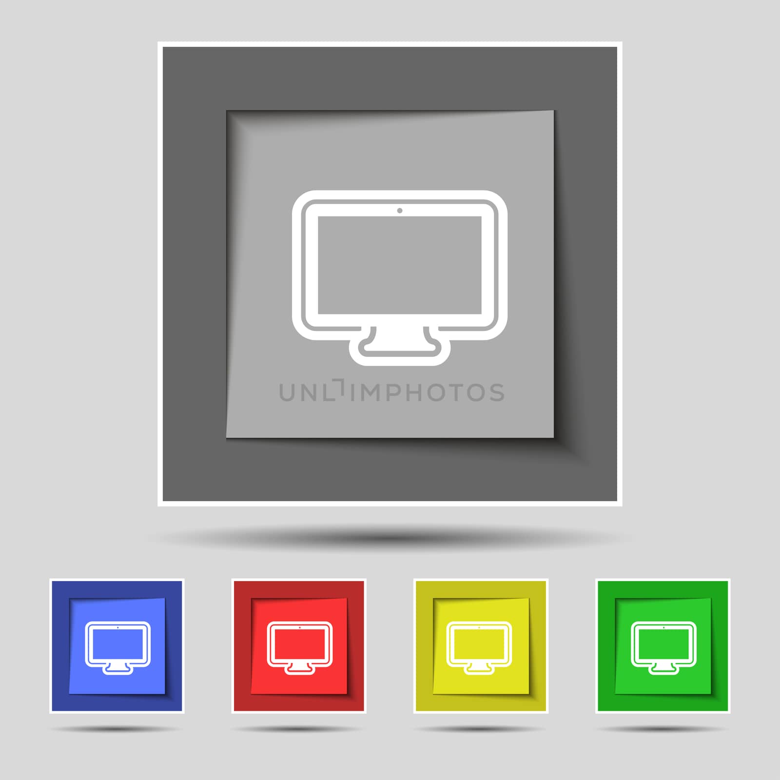 monitor icon sign on original five colored buttons. illustration