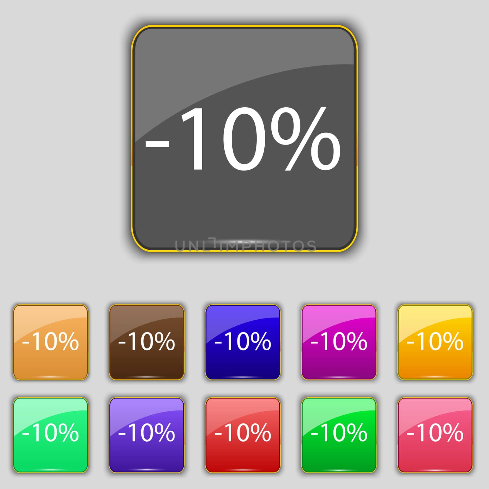 10 percent discount sign icon. Sale symbol. Special offer label. Set of colored buttons  by serhii_lohvyniuk