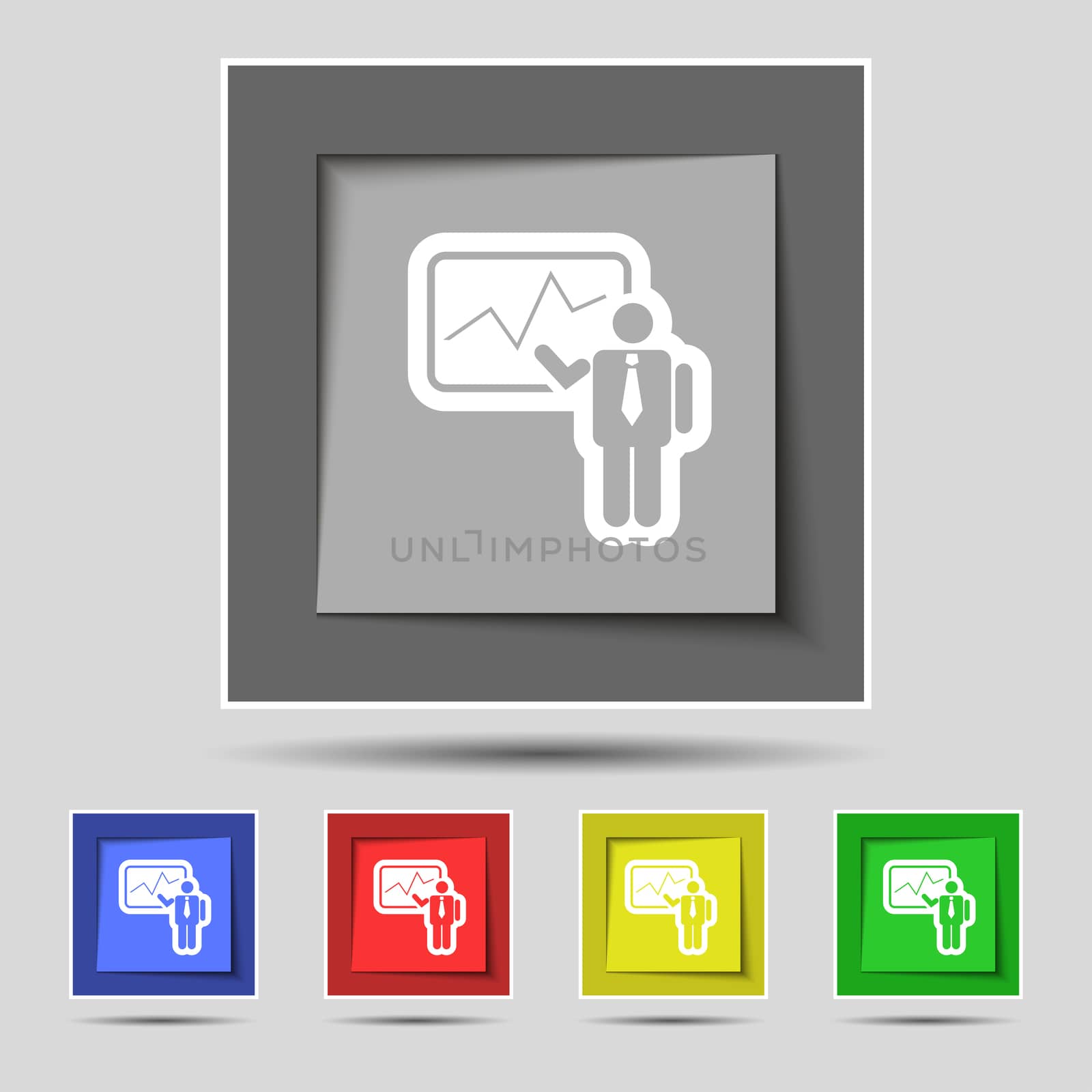 businessman making report icon sign on original five colored buttons.  by serhii_lohvyniuk