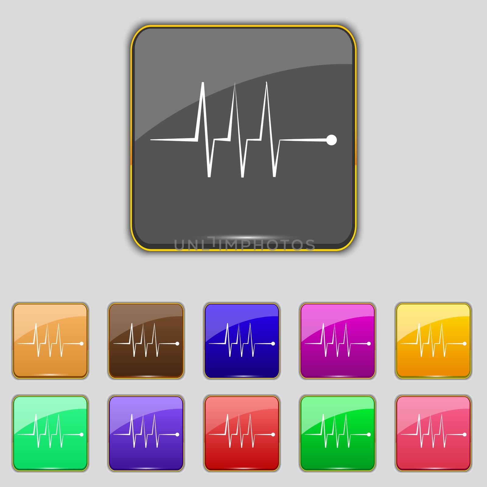 Cardiogram monitoring sign icon. Heart beats symbol. Set colourful buttons. illustration