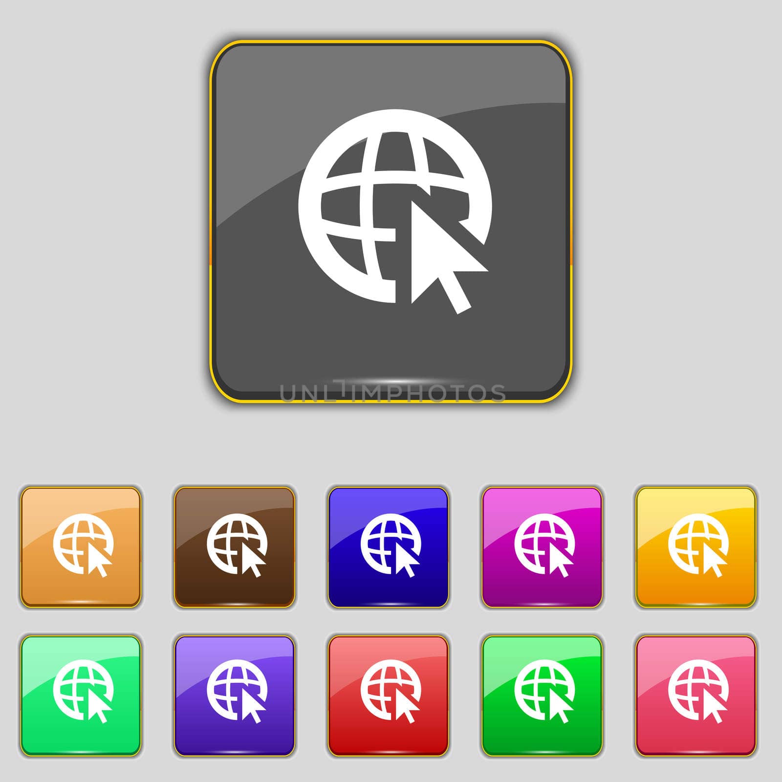 Internet sign icon. World wide web symbol. Cursor pointer. Set colour buttons illustration