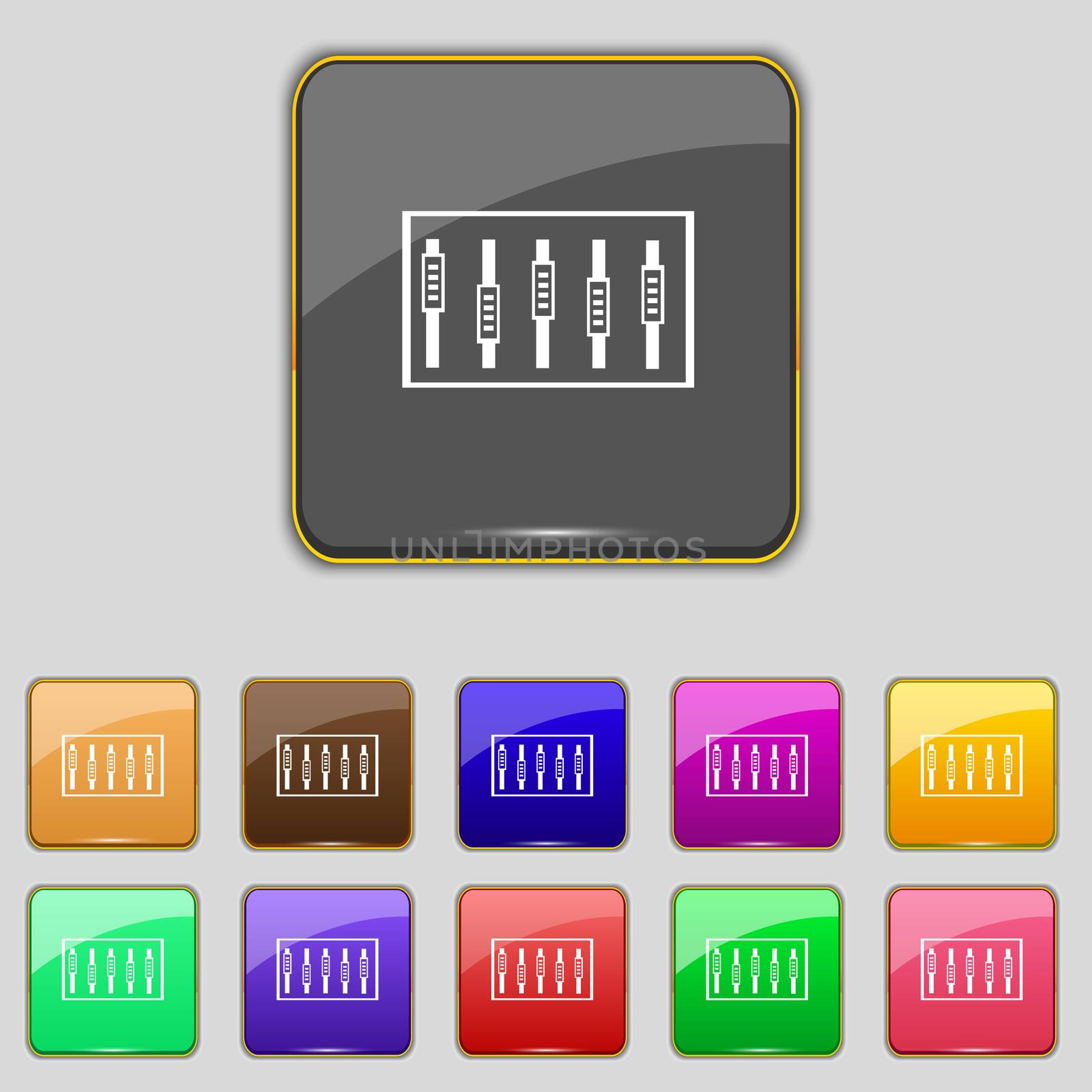 Dj console mix handles and buttons, level icons. Set of colour buttons. illustration