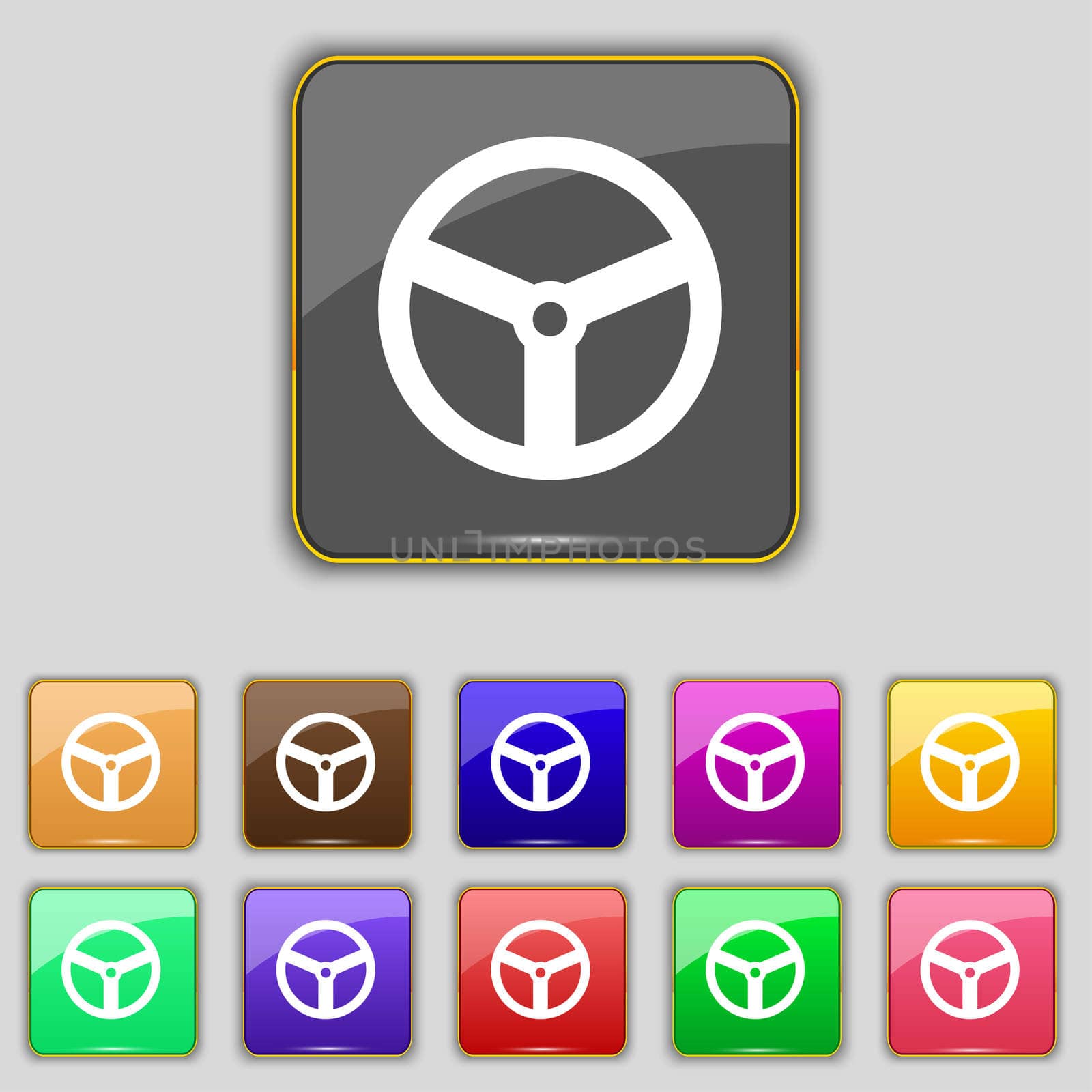 Steering wheel icon sign. Set with eleven colored buttons for your site.  by serhii_lohvyniuk