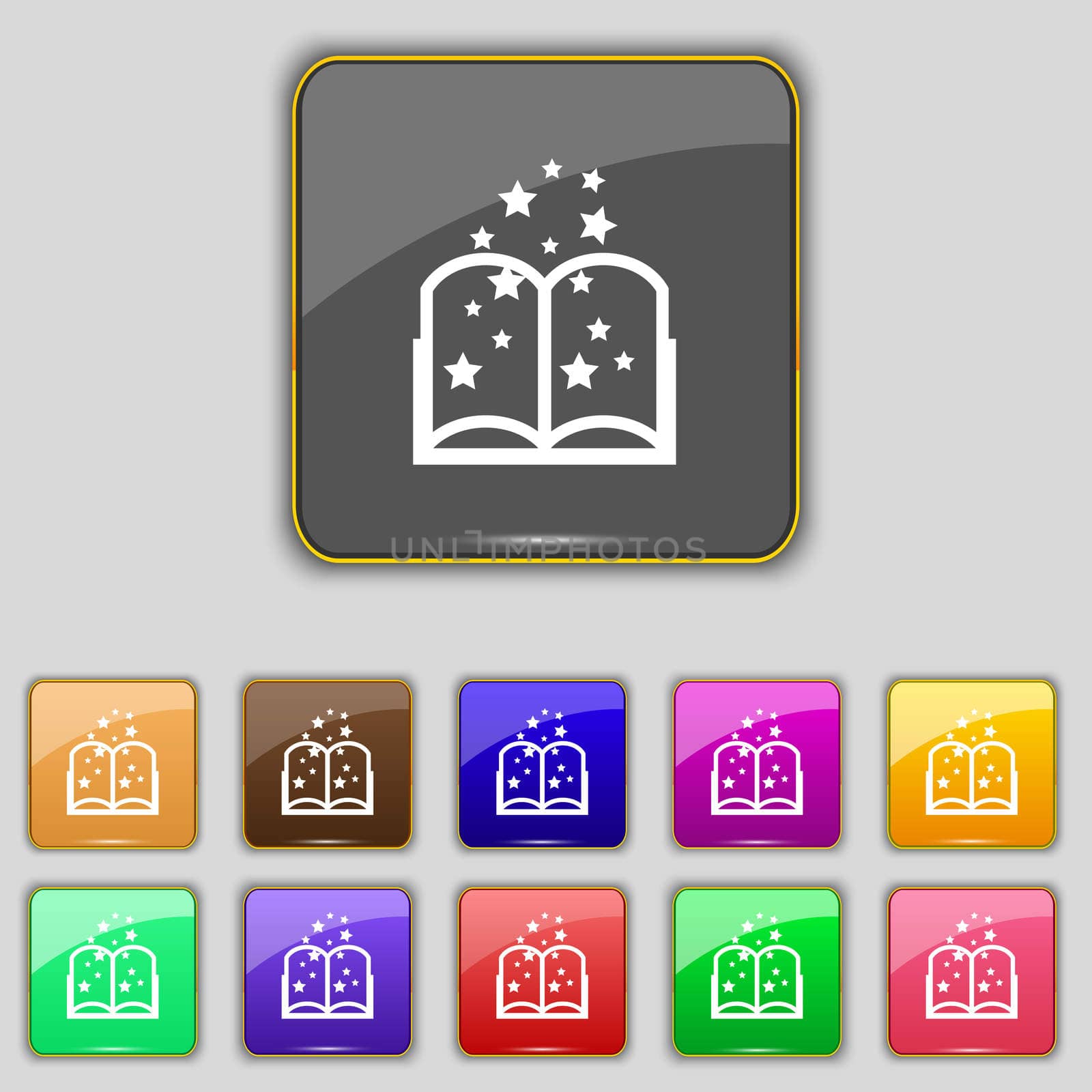 Magic Book sign icon. Open book symbol. Set of colored buttons. illustration