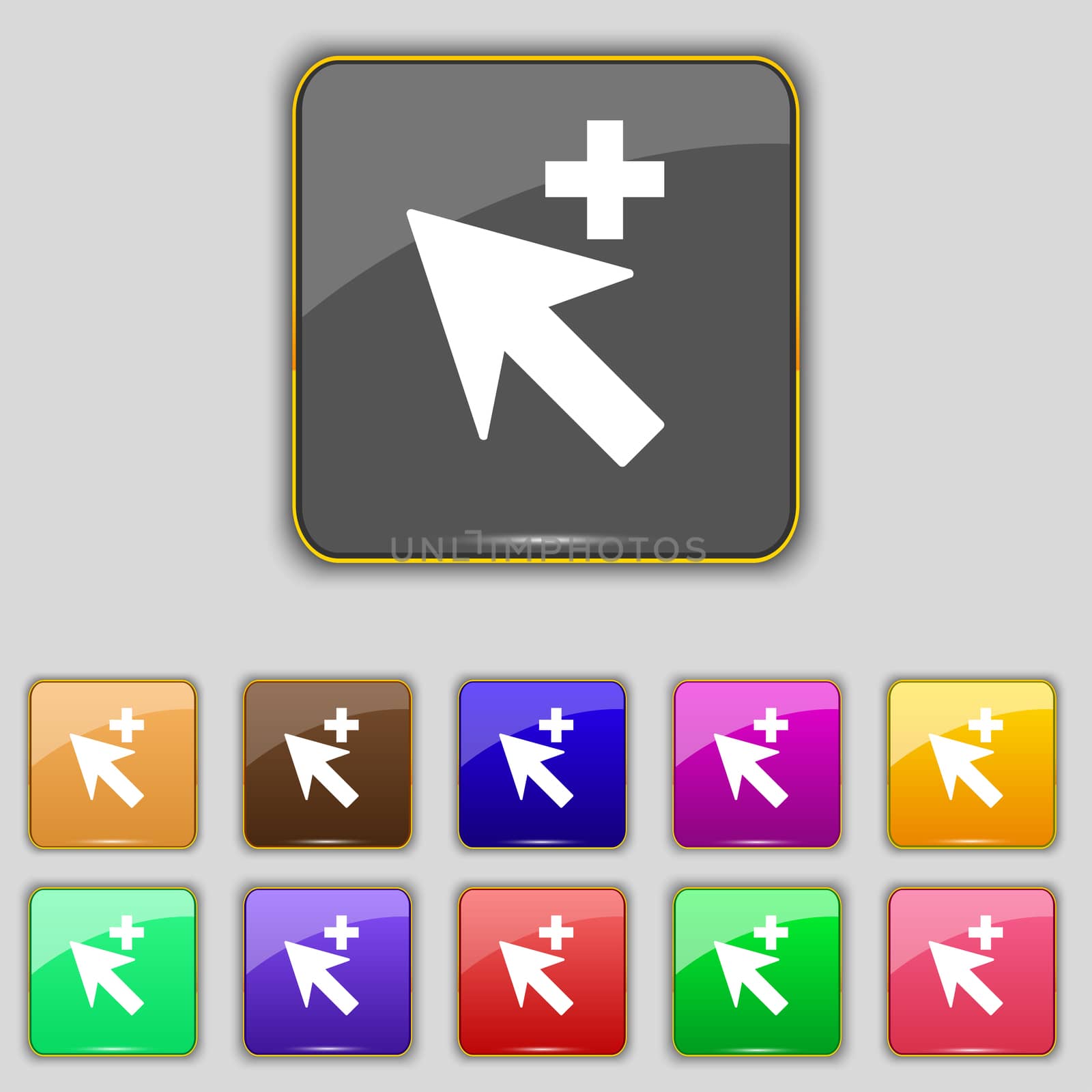 Cursor, arrow plus, add icon sign. Set with eleven colored buttons for your site.  by serhii_lohvyniuk